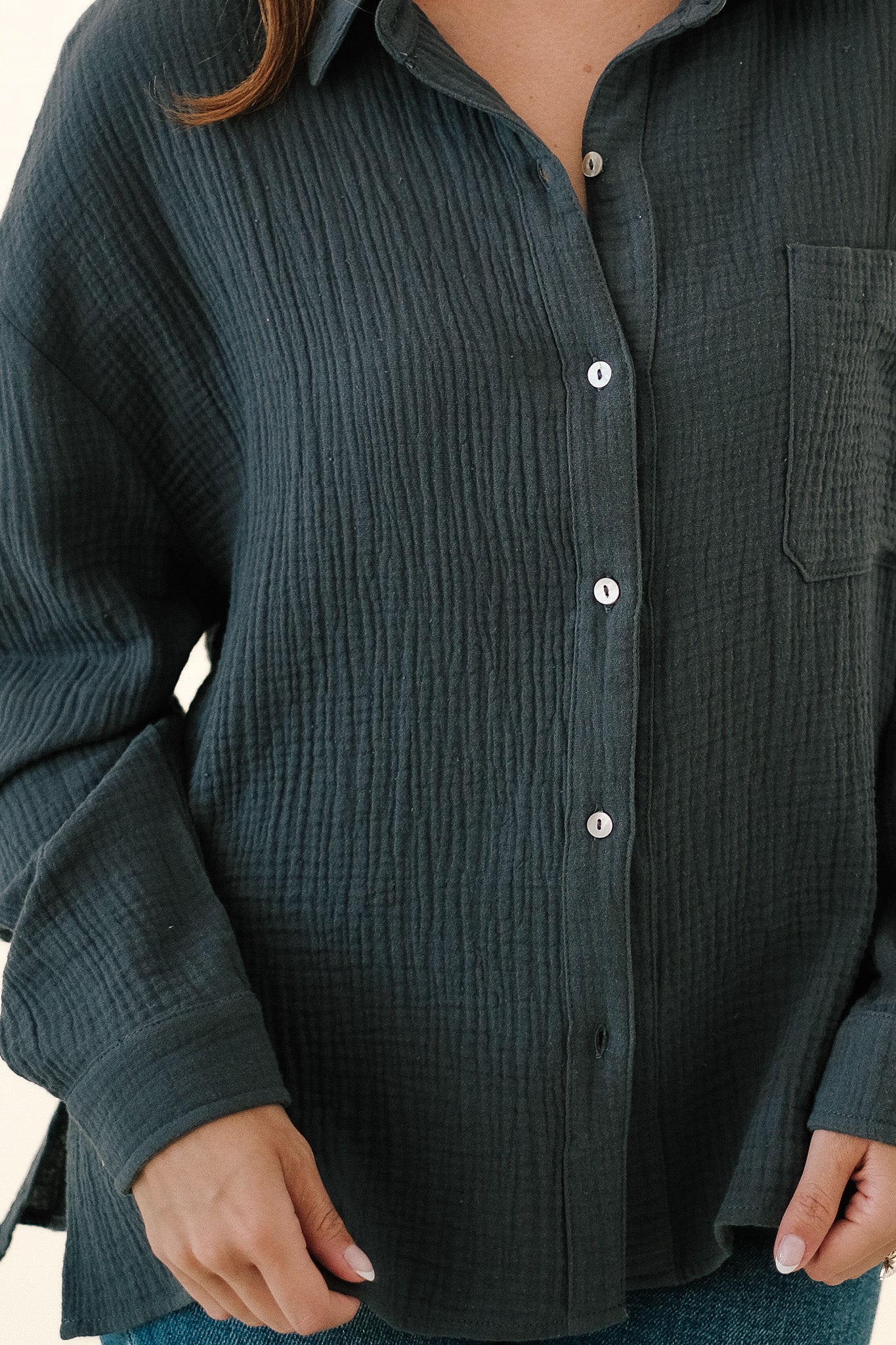 Winnie Cotton Gauze Buttoned Long Sleeve Top (Indigo)