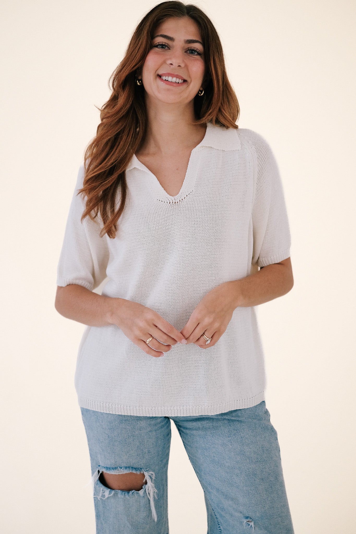 Bailey Knit Short Sleeve Collared Top (Ivory)