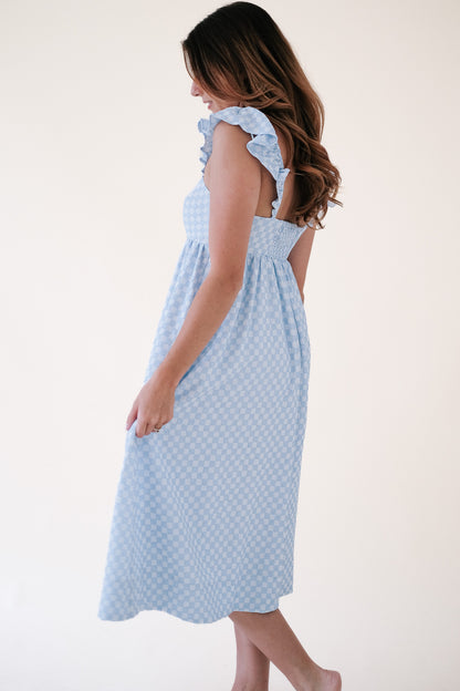 Aureum Briar Checkered Ruffle Sleeve Midi Dress (Blue)