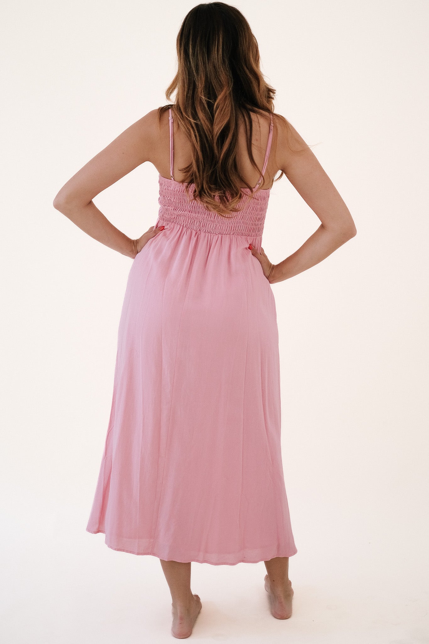 Blossom Pink Smocked Sleeveless Midi Dress