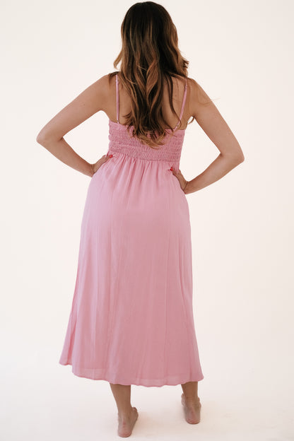 Blossom Pink Smocked Sleeveless Midi Dress