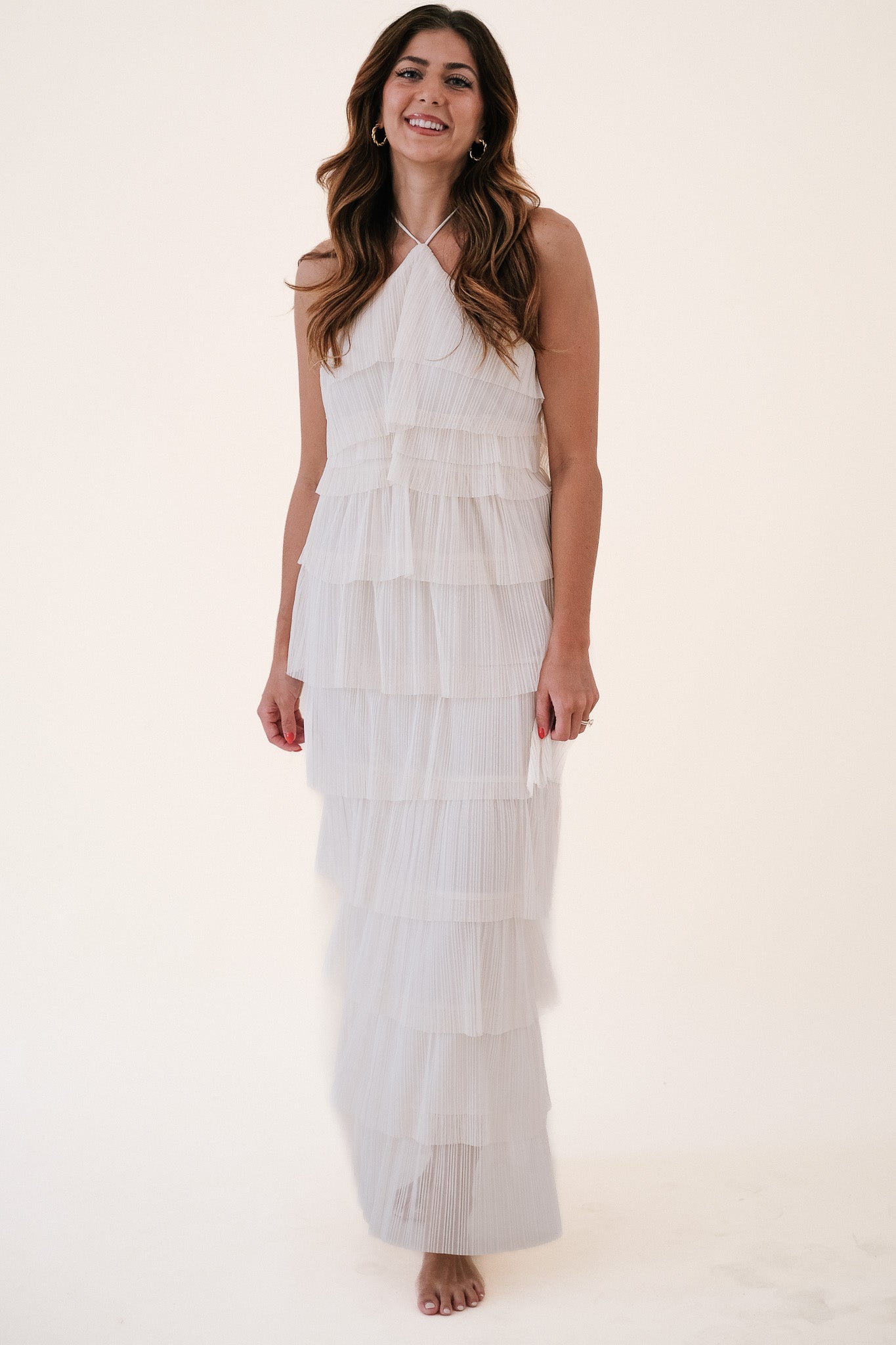 Bria Pleated Tulle Halter Maxi Dress (Cream) L