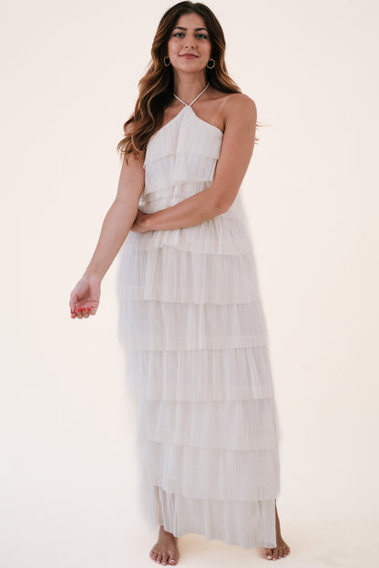Bria Pleated Tulle Halter Maxi Dress (Cream)