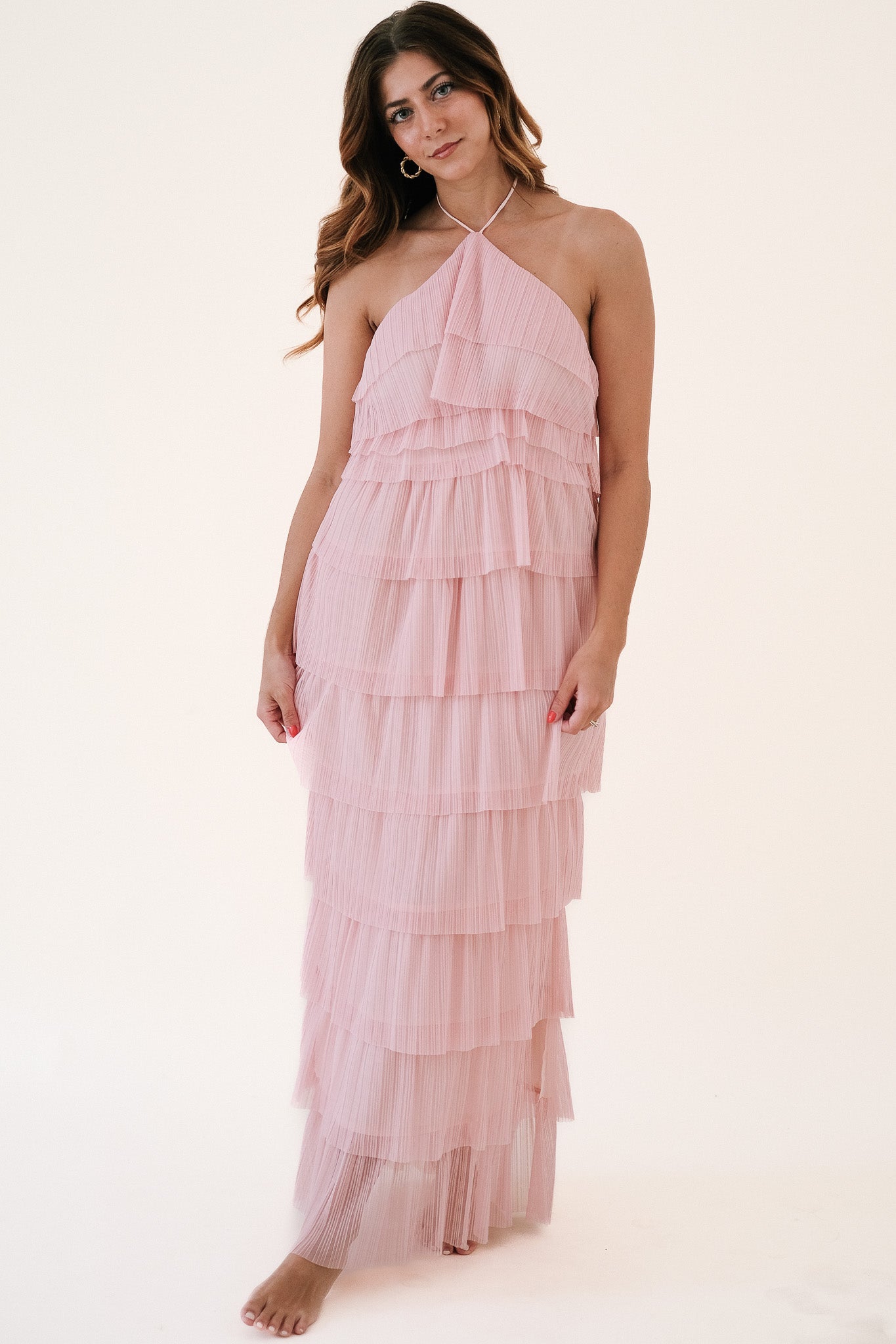 Bria Pleated Tulle Halter Maxi Dress (Pink)