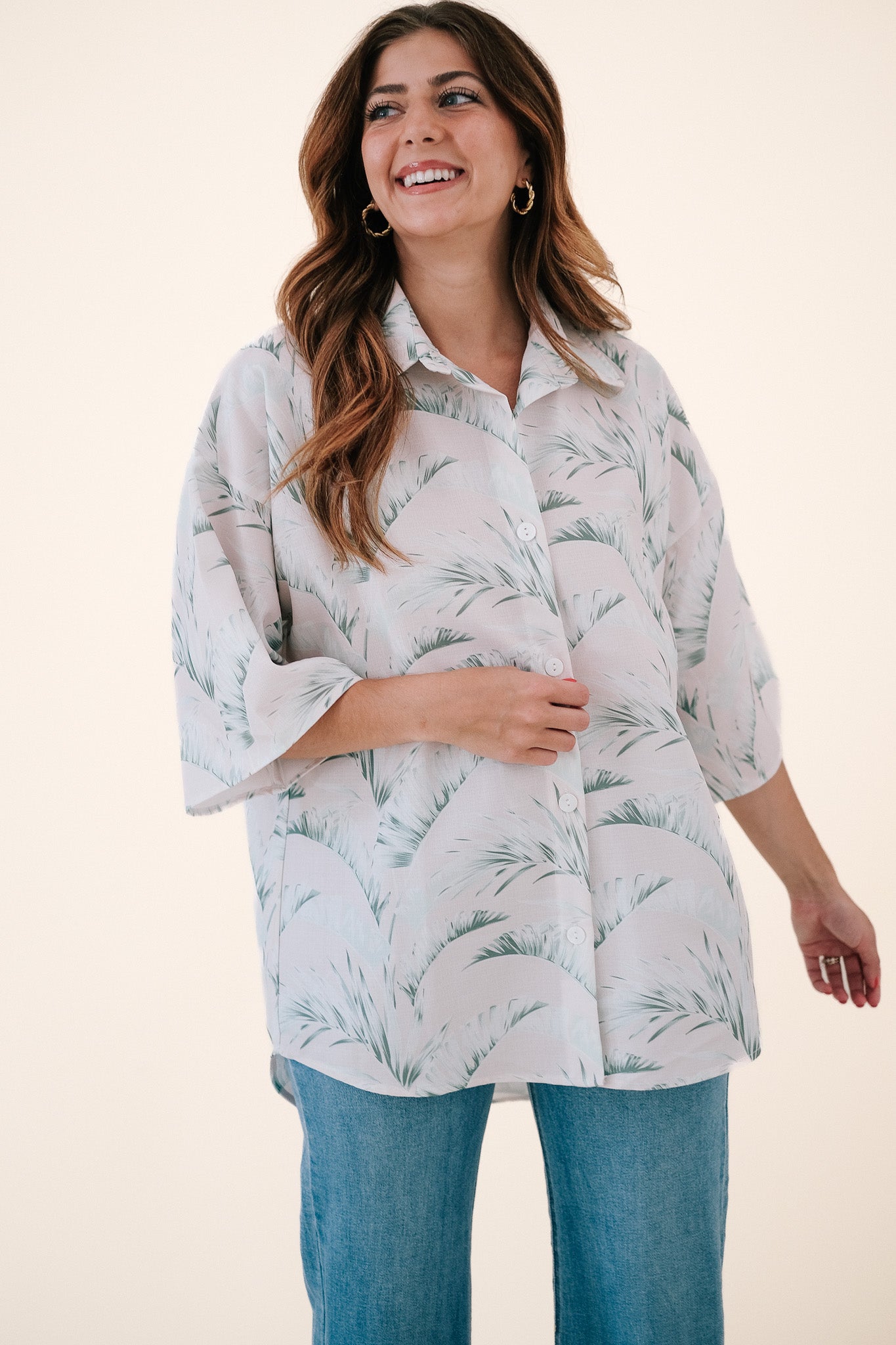 Britton Sage Palm Print Oversized Button Top