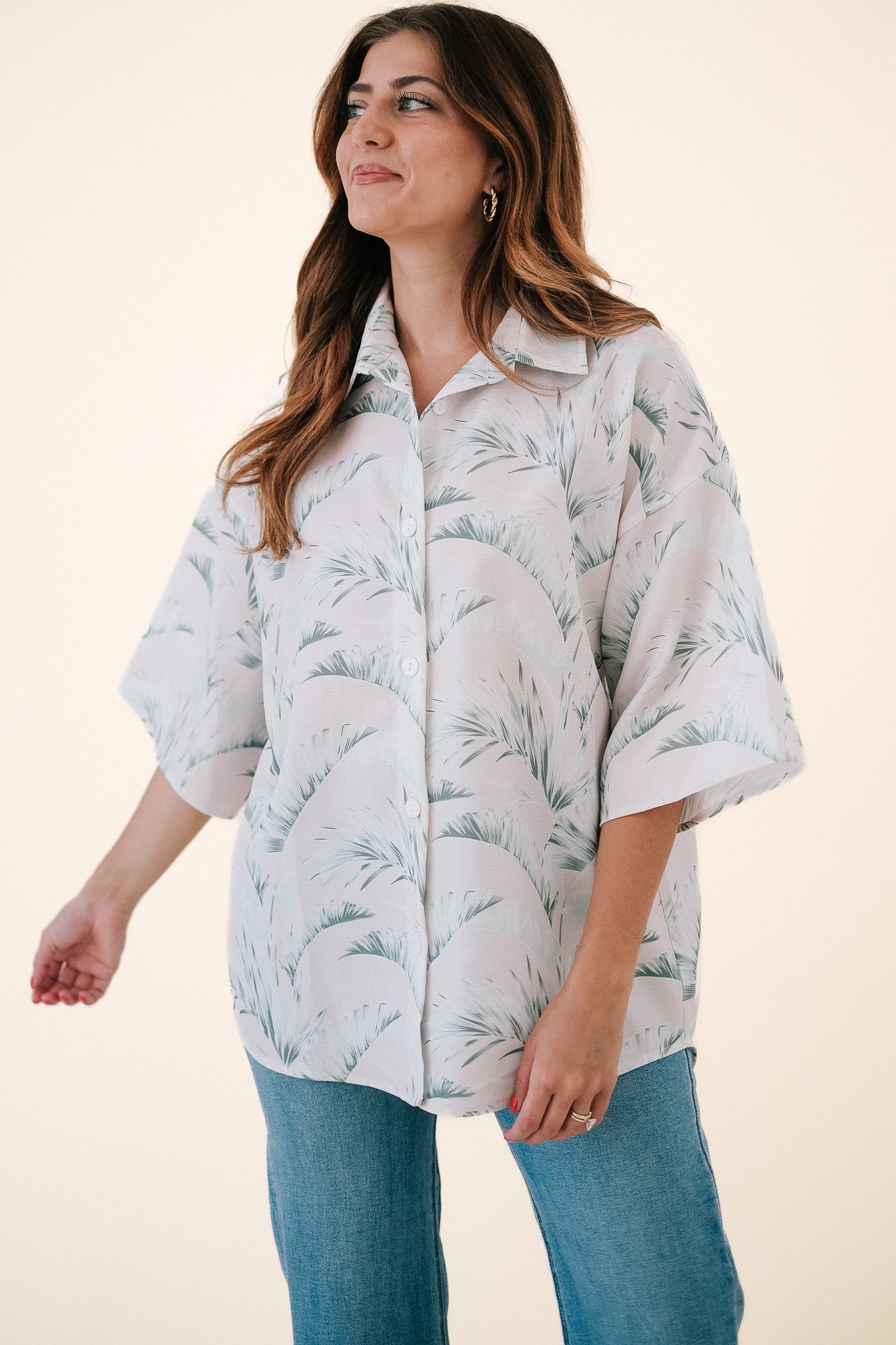 Britton Sage Palm Print Oversized Button Top