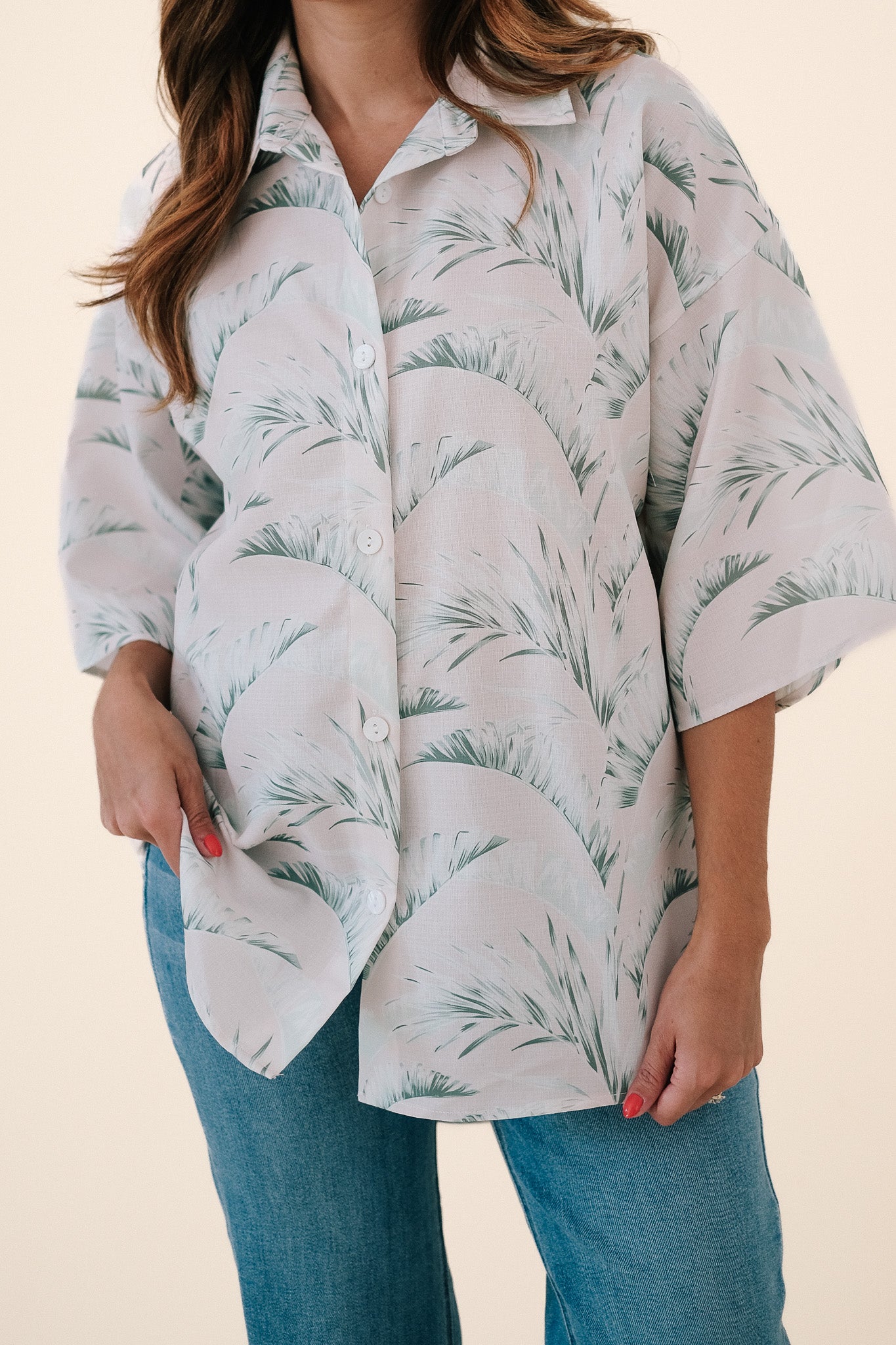 Britton Sage Palm Print Oversized Button Top