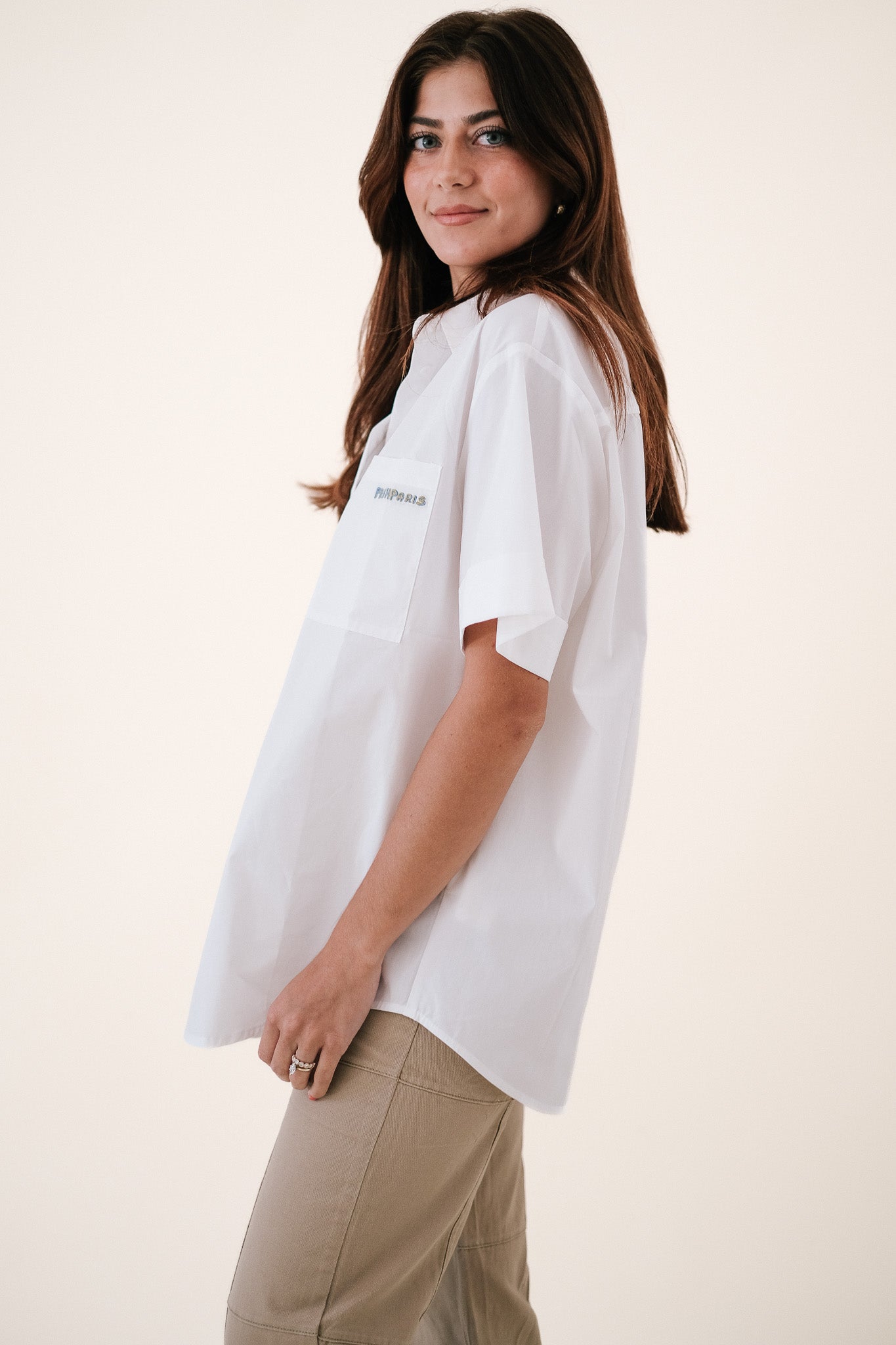 FRNCH Ania White Embroidered Pocket Collared Top