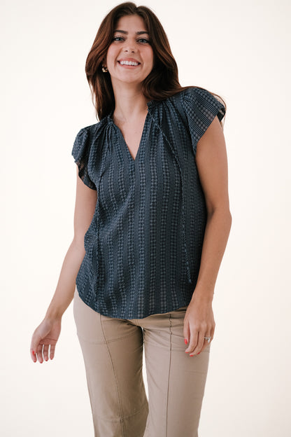 Current Air Cora Picot Flutter Sleeve Blouse (Navy)