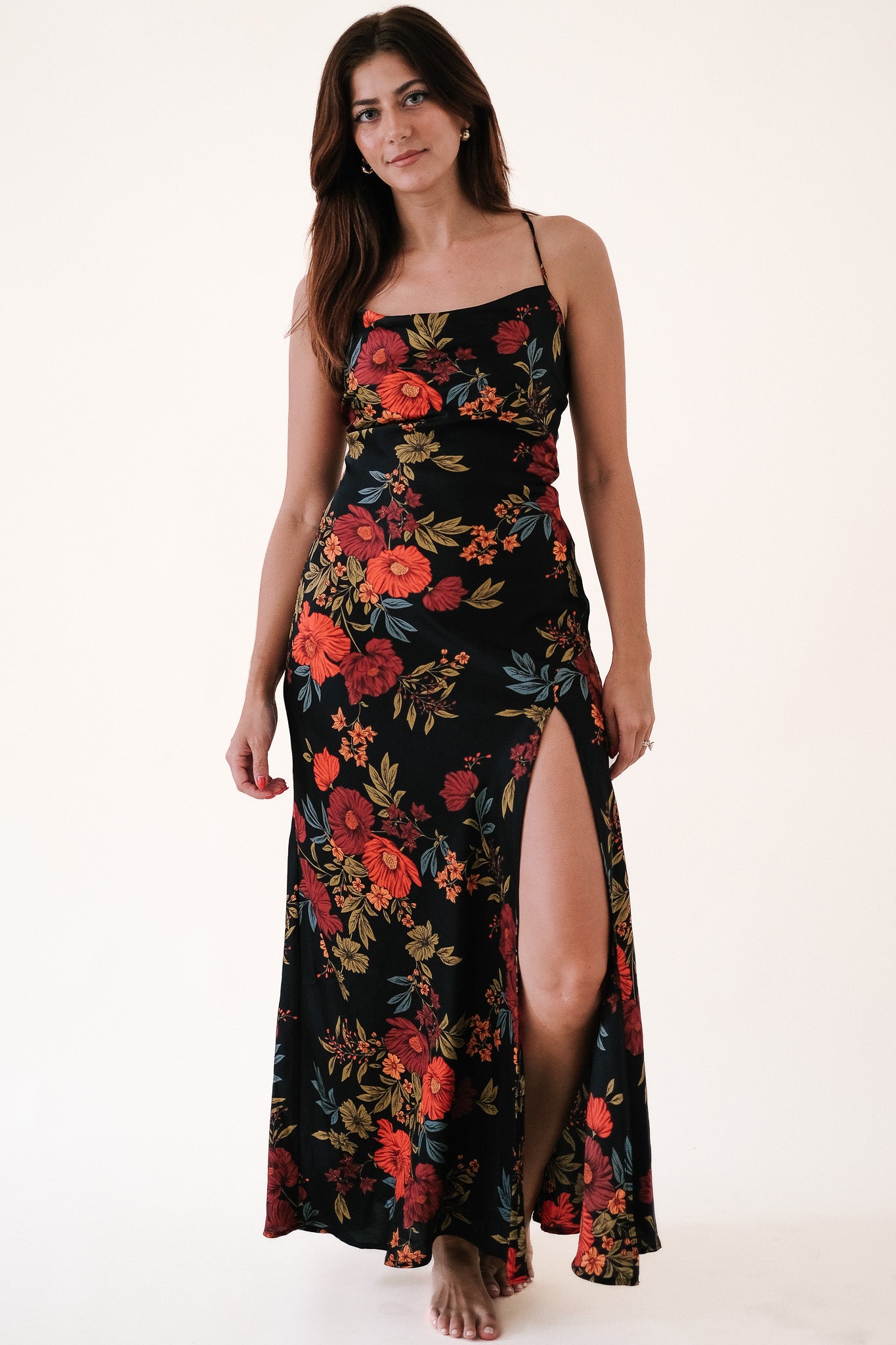 Camille Dark Floral Satin Sleeveless Maxi Dress