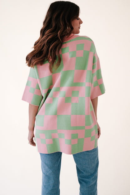 Bailey Rose Dylan Knit Oversized Button Top (Pink Checkered)