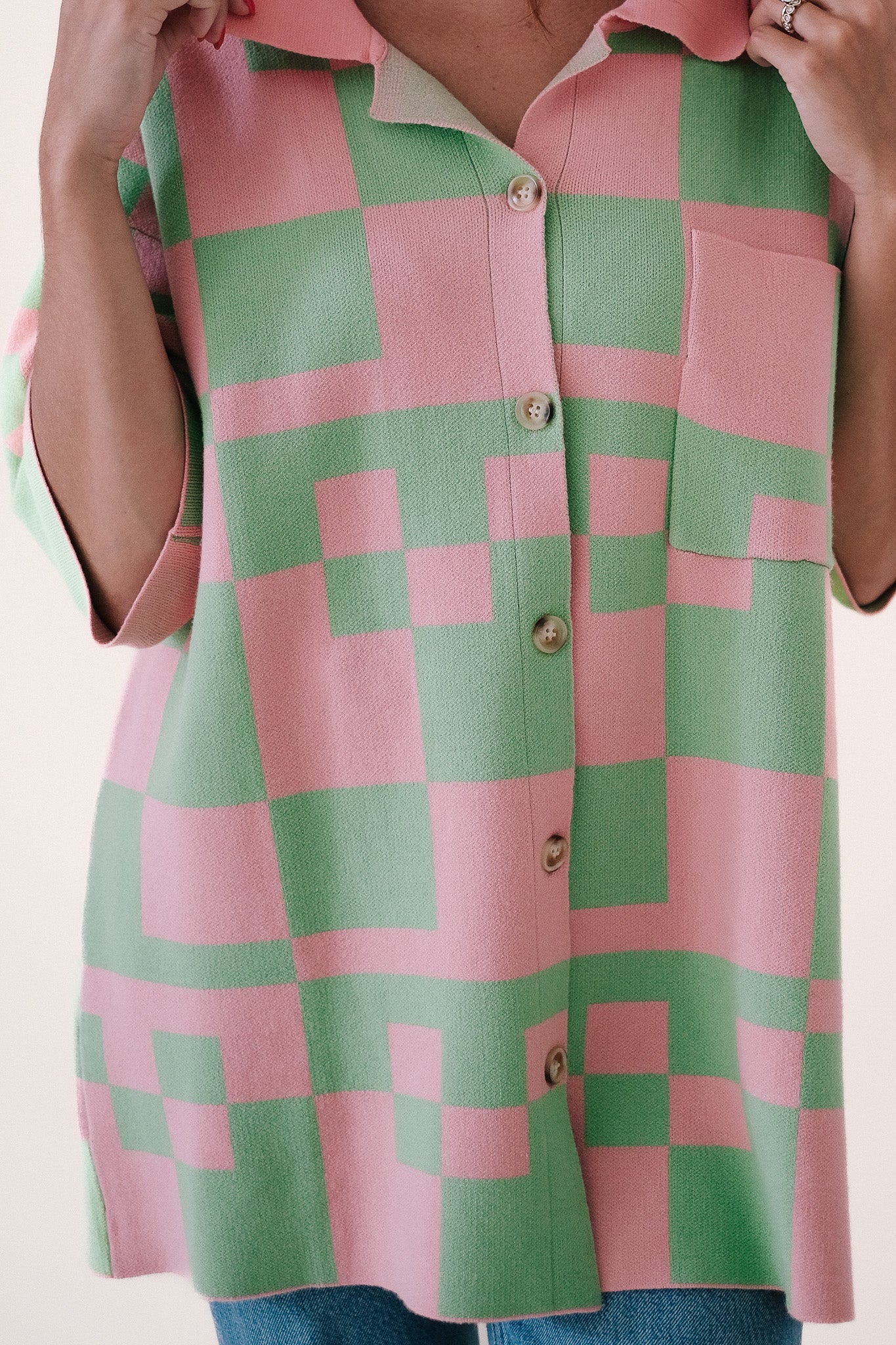 Bailey Rose Dylan Knit Oversized Button Top (Pink Checkered)