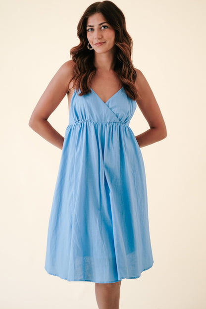 FRNCH Sissi Linen Sleeveless Babydoll Mini Dress (Blue)