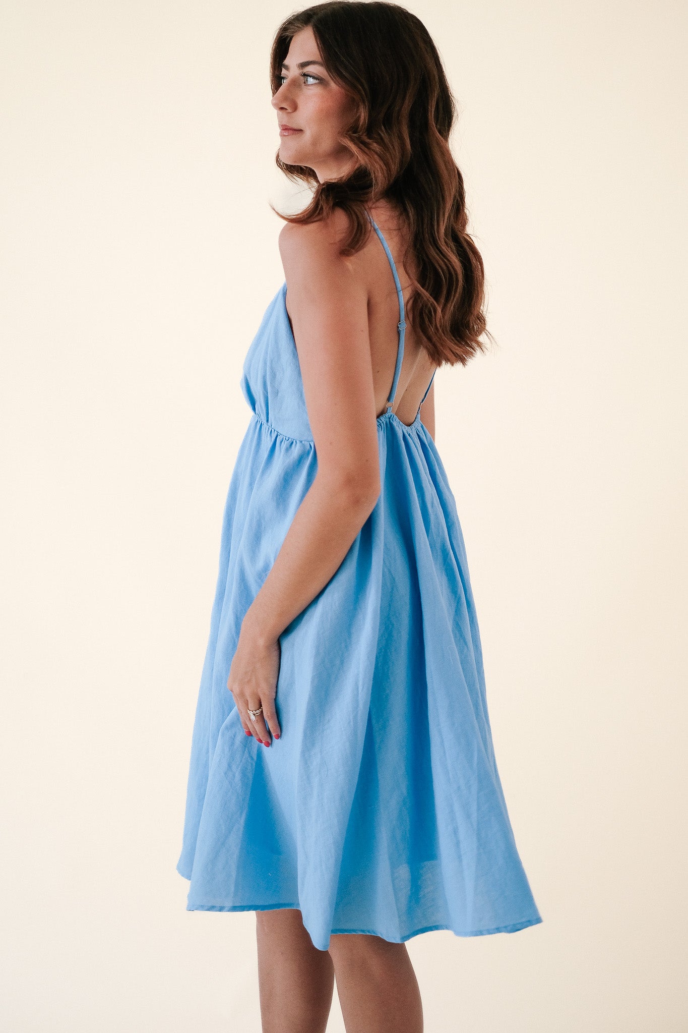 FRNCH Sissi Linen Sleeveless Babydoll Mini Dress (Blue)