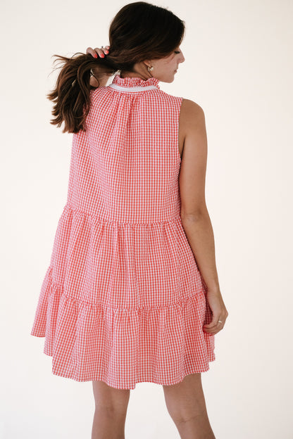 Danielle Red Gingham Seersucker Tiered Mini Dress (L)