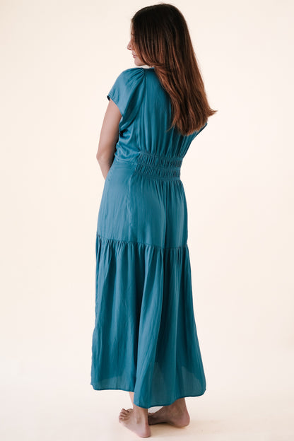 Emery Satin Shirred Tier Waist Midi Dress (Teal)