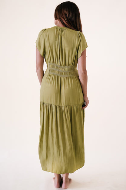 Emery Satin Shirred Tier Waist Midi Dress (Chartreuse)