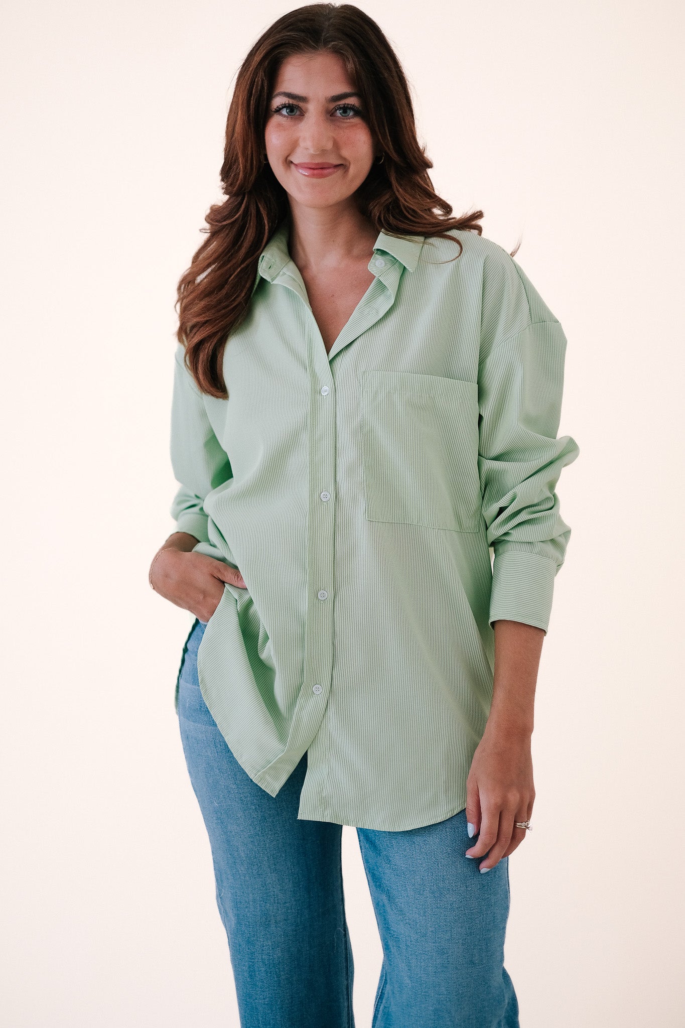 Freya Oversized Lime Green Striped Button Down Shirt (S)