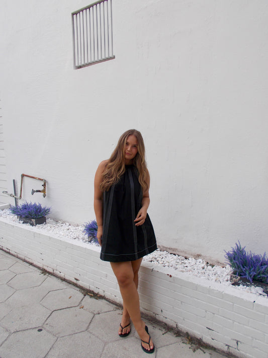 Maria Contrast Stitch Halter Mini Dress (Black)