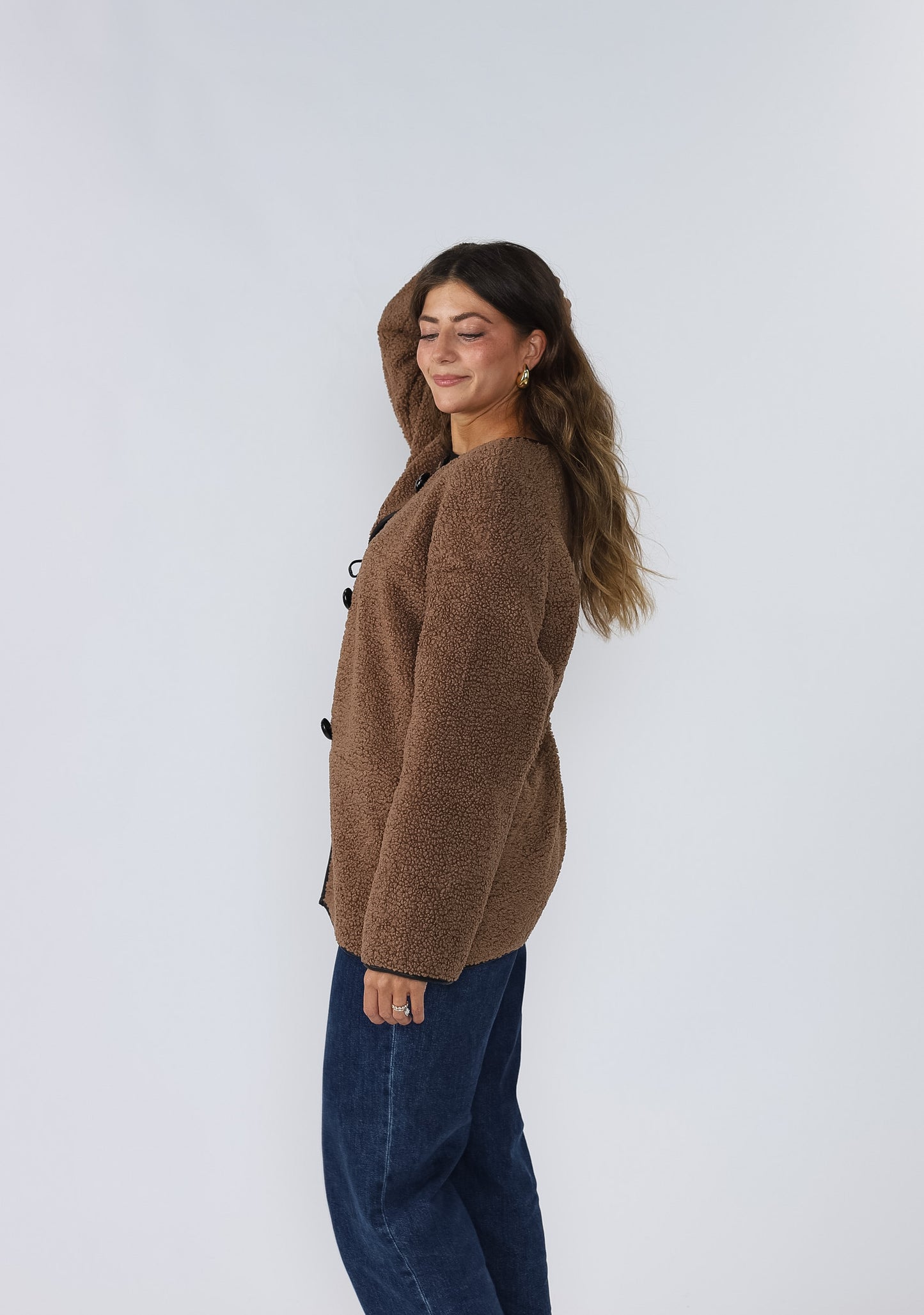 Holly Brown Sherpa Button Loop Coat Jacket (L)