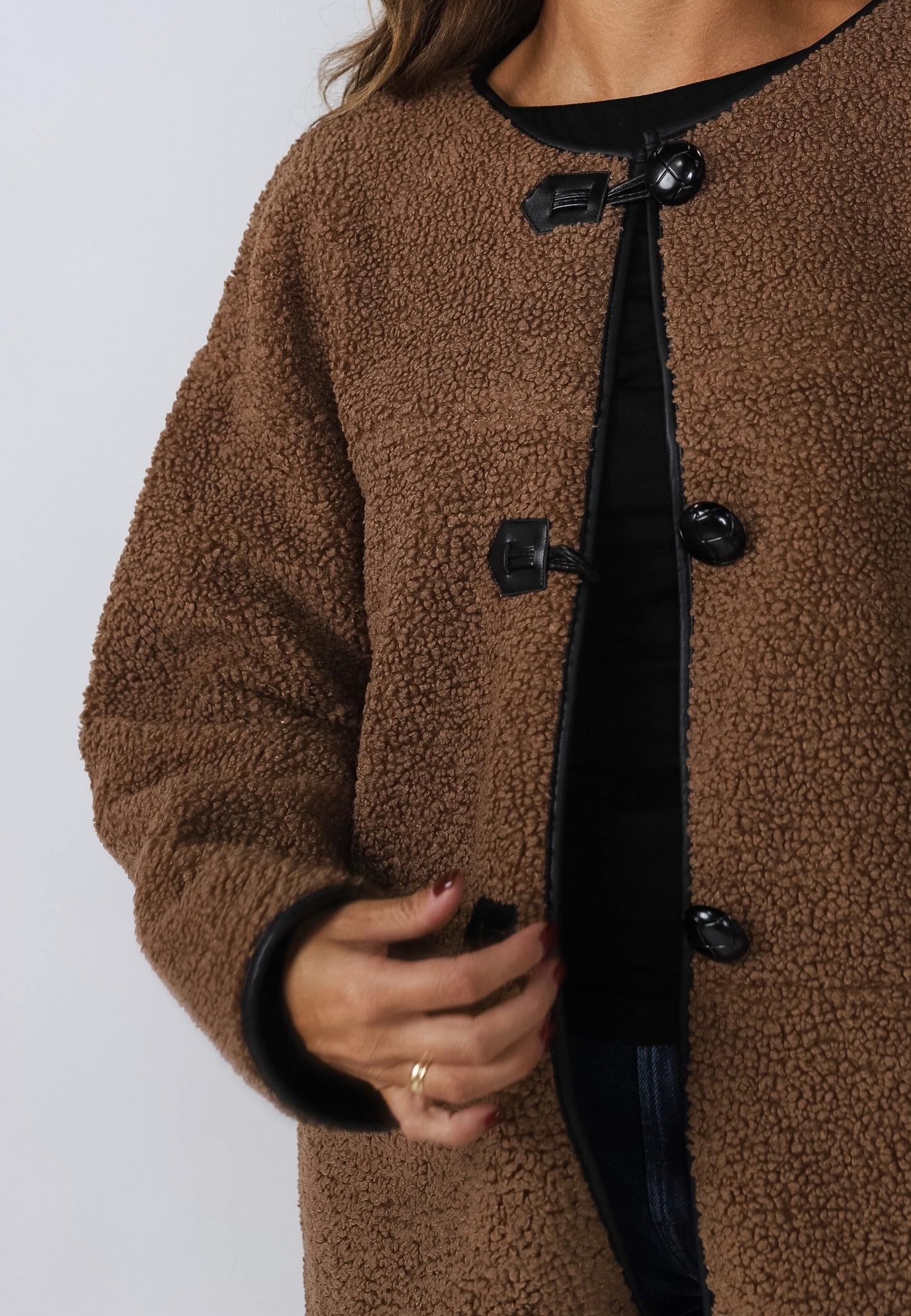 Holly Brown Sherpa Button Loop Coat Jacket (L)