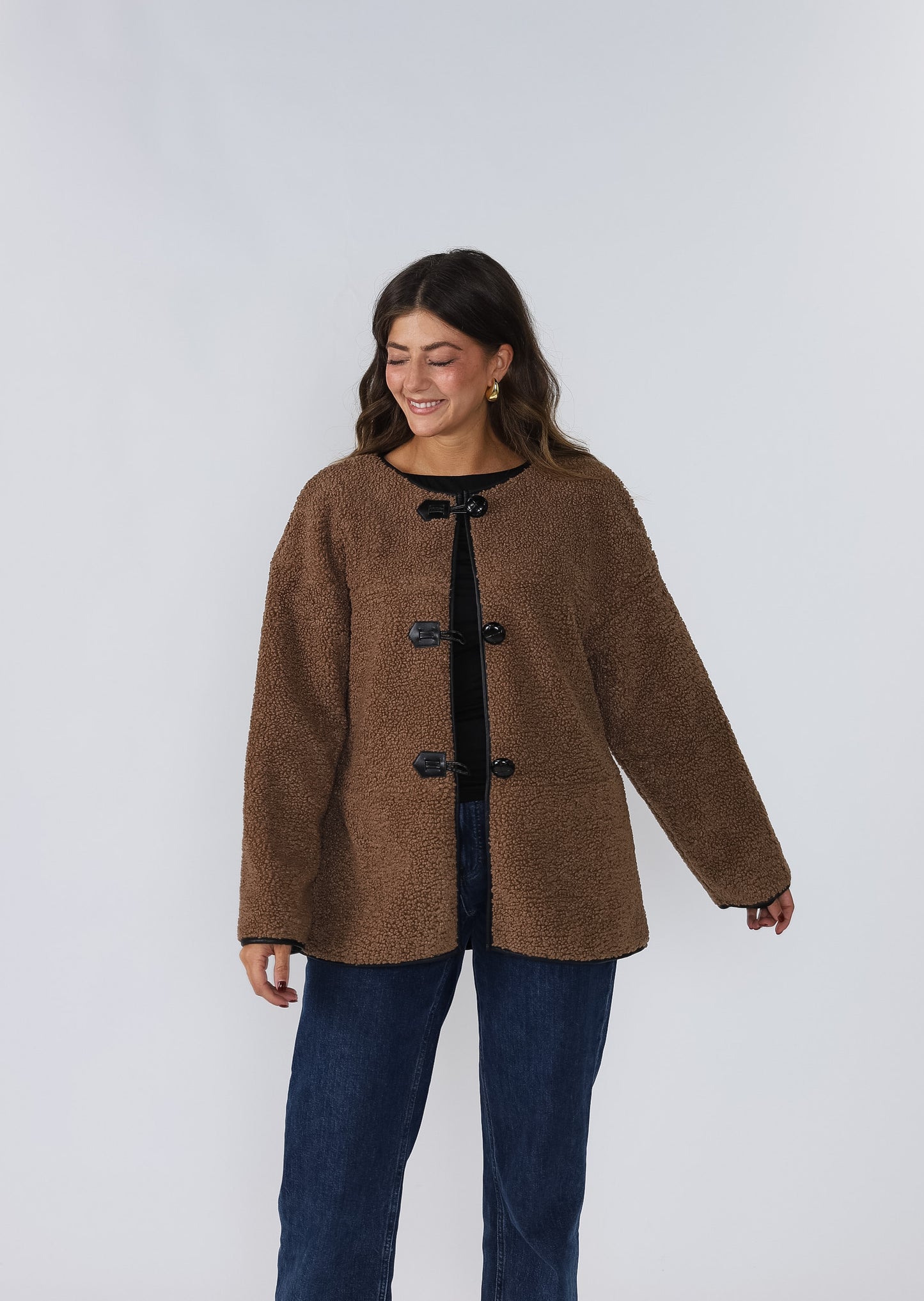 Holly Brown Sherpa Button Loop Coat Jacket (L)