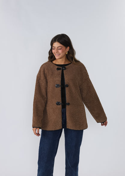 Holly Brown Sherpa Button Loop Coat Jacket (L)