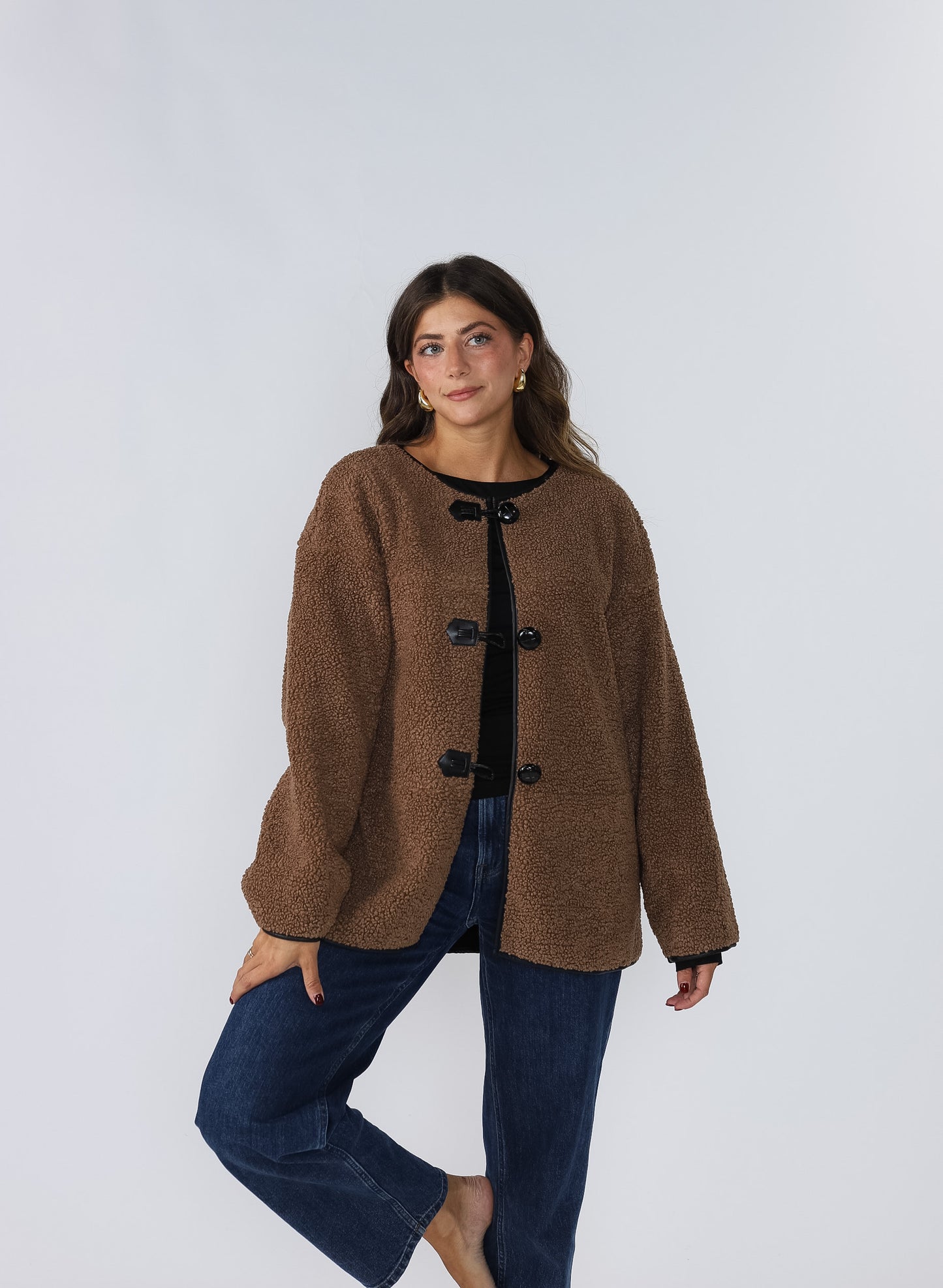 Holly Brown Sherpa Button Loop Coat Jacket (L)