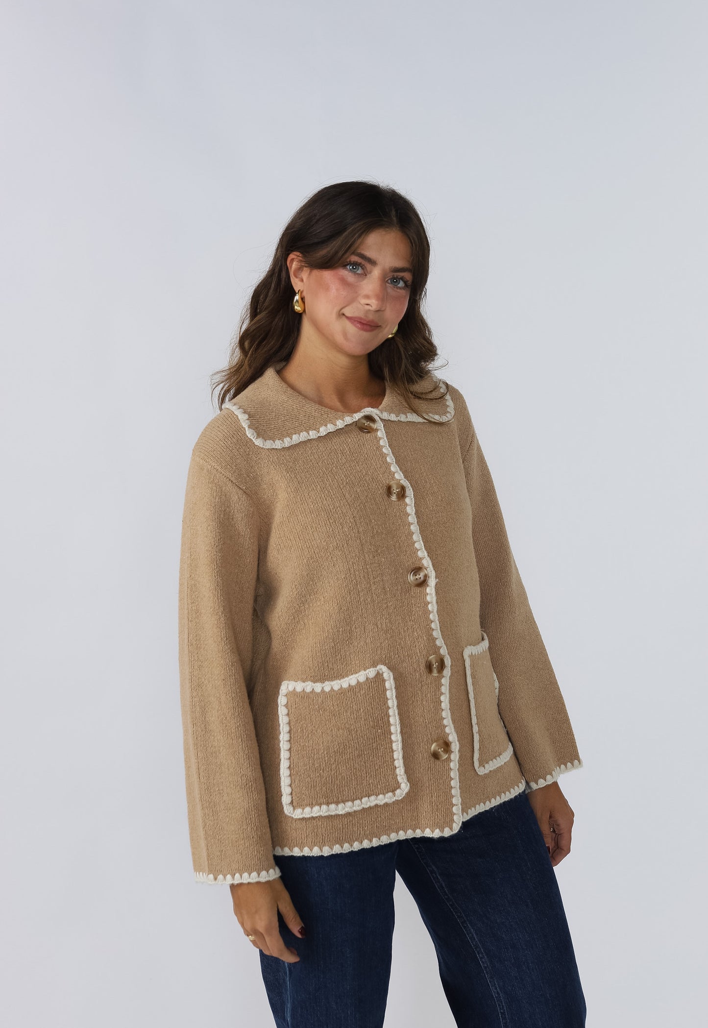 Harlow Knit Trim Buttoned Collar Jacket (Camel)