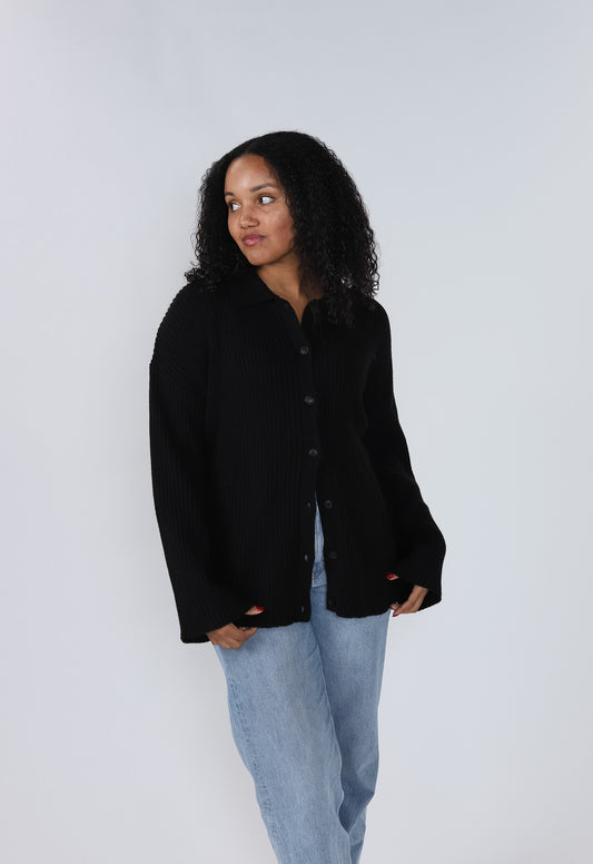 Harper Black Ribbed Knit Button Long Sleeve Top (S)