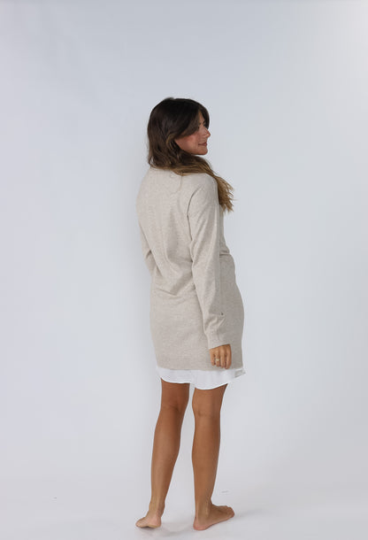 PINCH Dori Oatmeal Knit Woven Combo Long Sleeve Mini Dress (L)