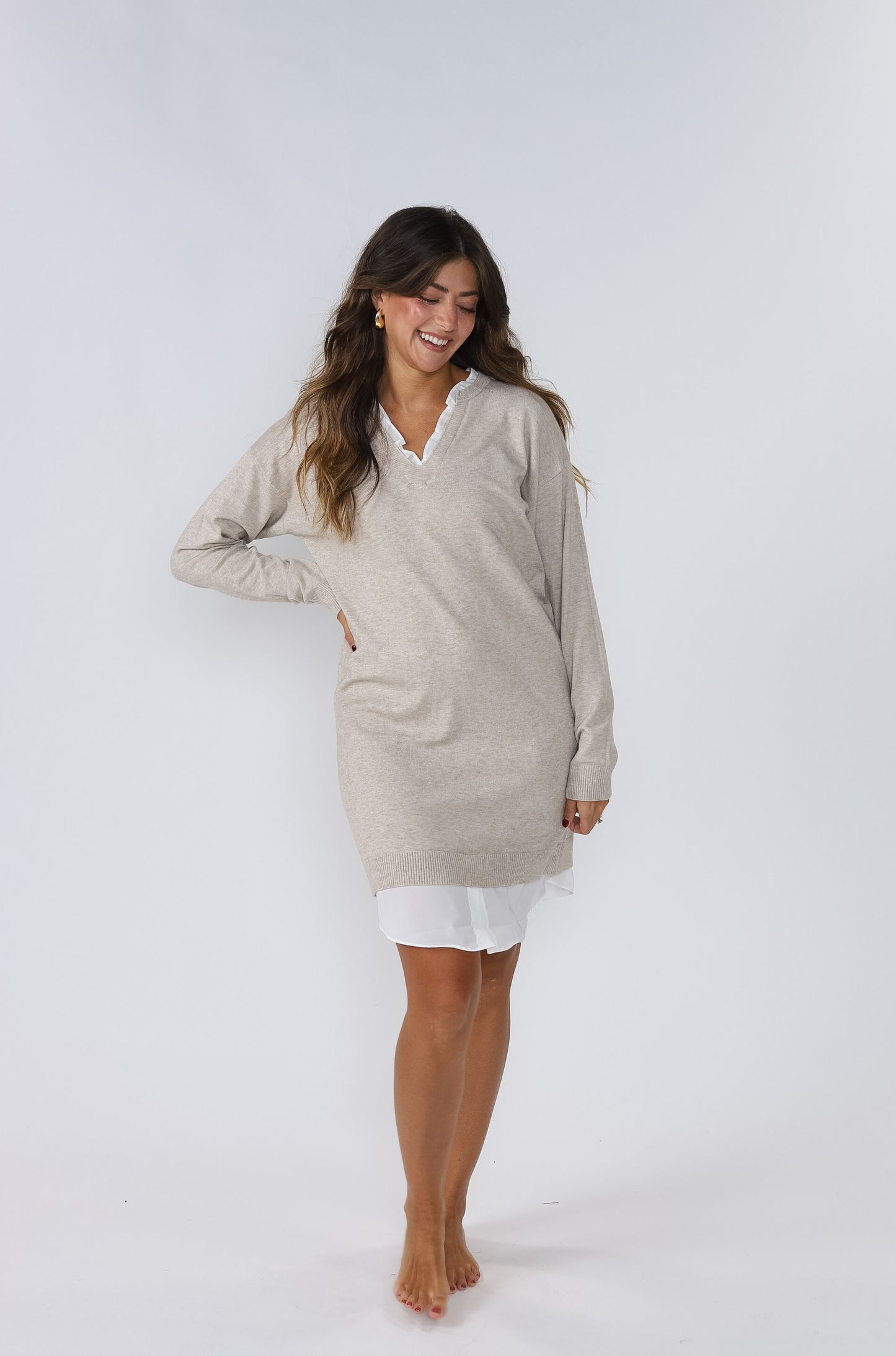PINCH Dori Oatmeal Knit Woven Combo Long Sleeve Mini Dress (L)