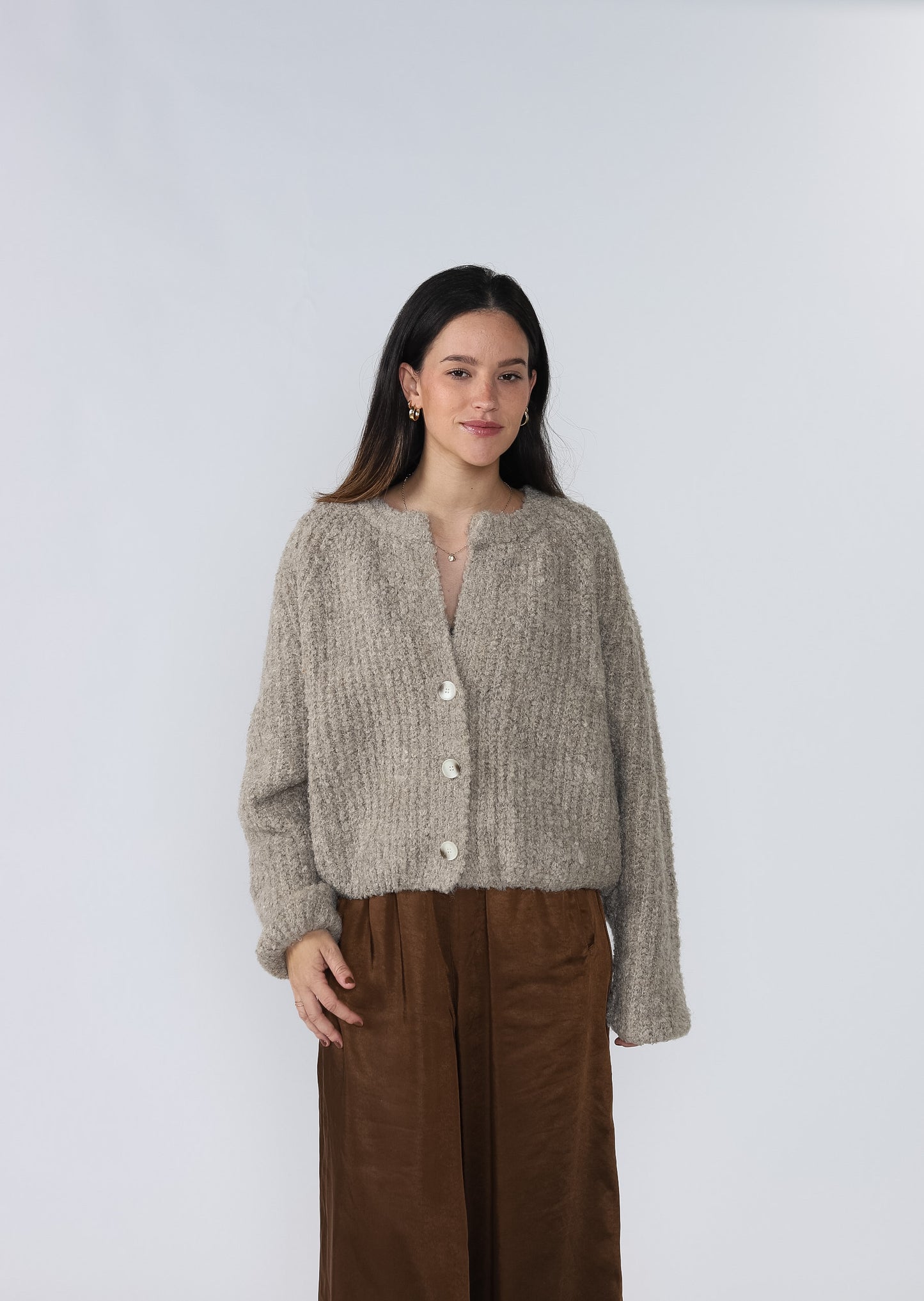 Hope Taupe Chunky Knit Buttoned Crop Cardigan (M)