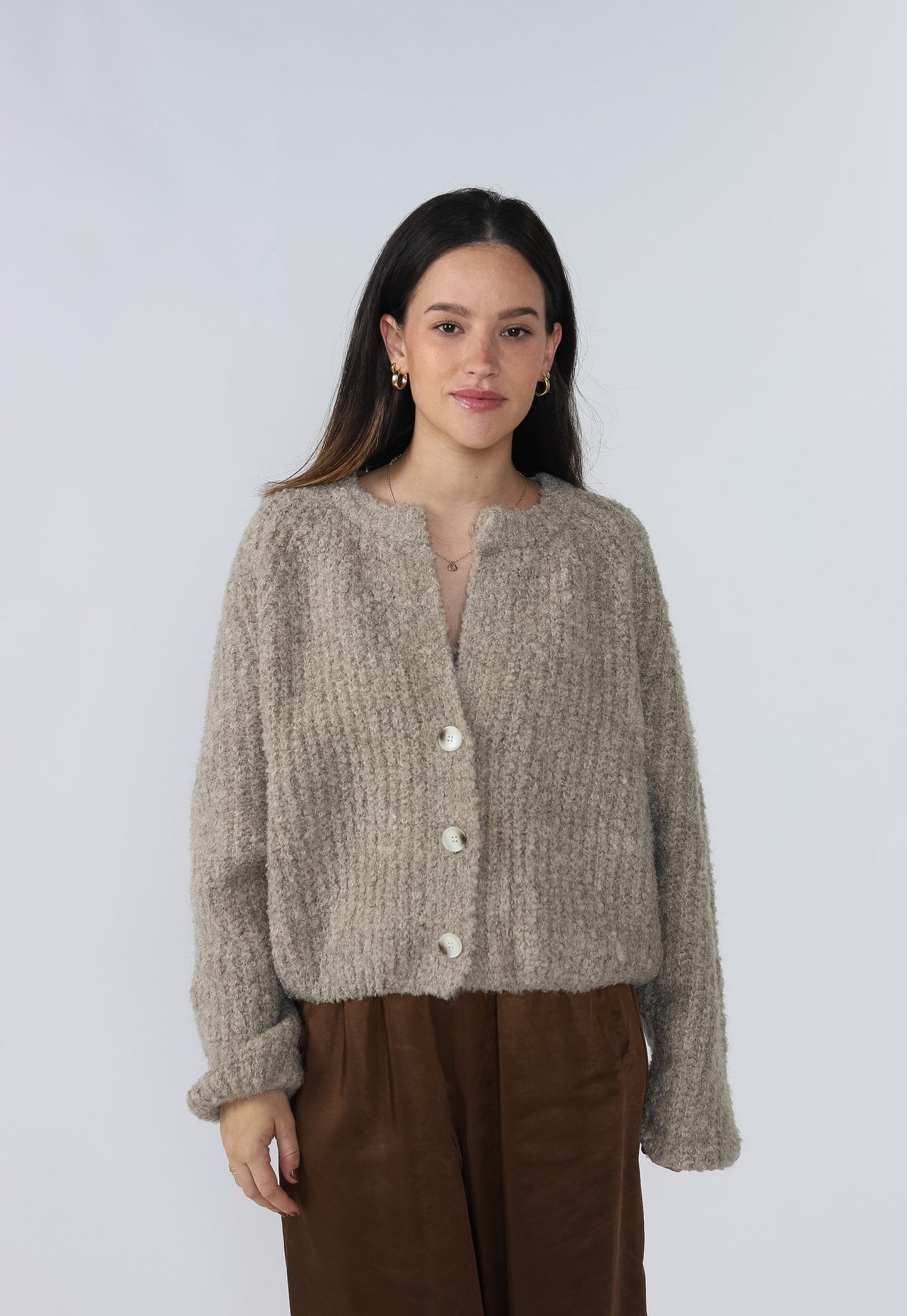 Hope Taupe Chunky Knit Buttoned Crop Cardigan (M)