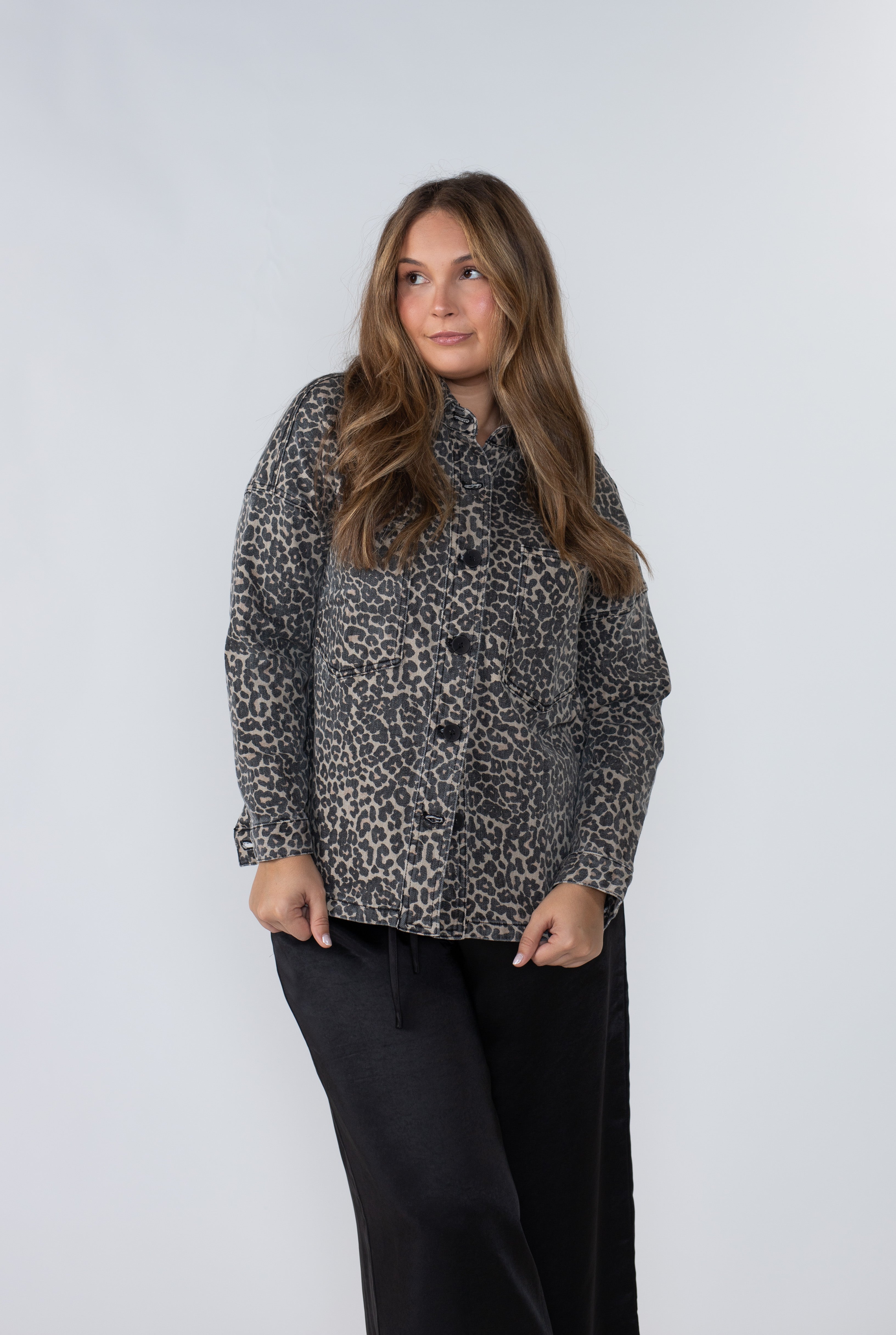 Miou Muse Zoey Leopard Print Denim Jacket Top