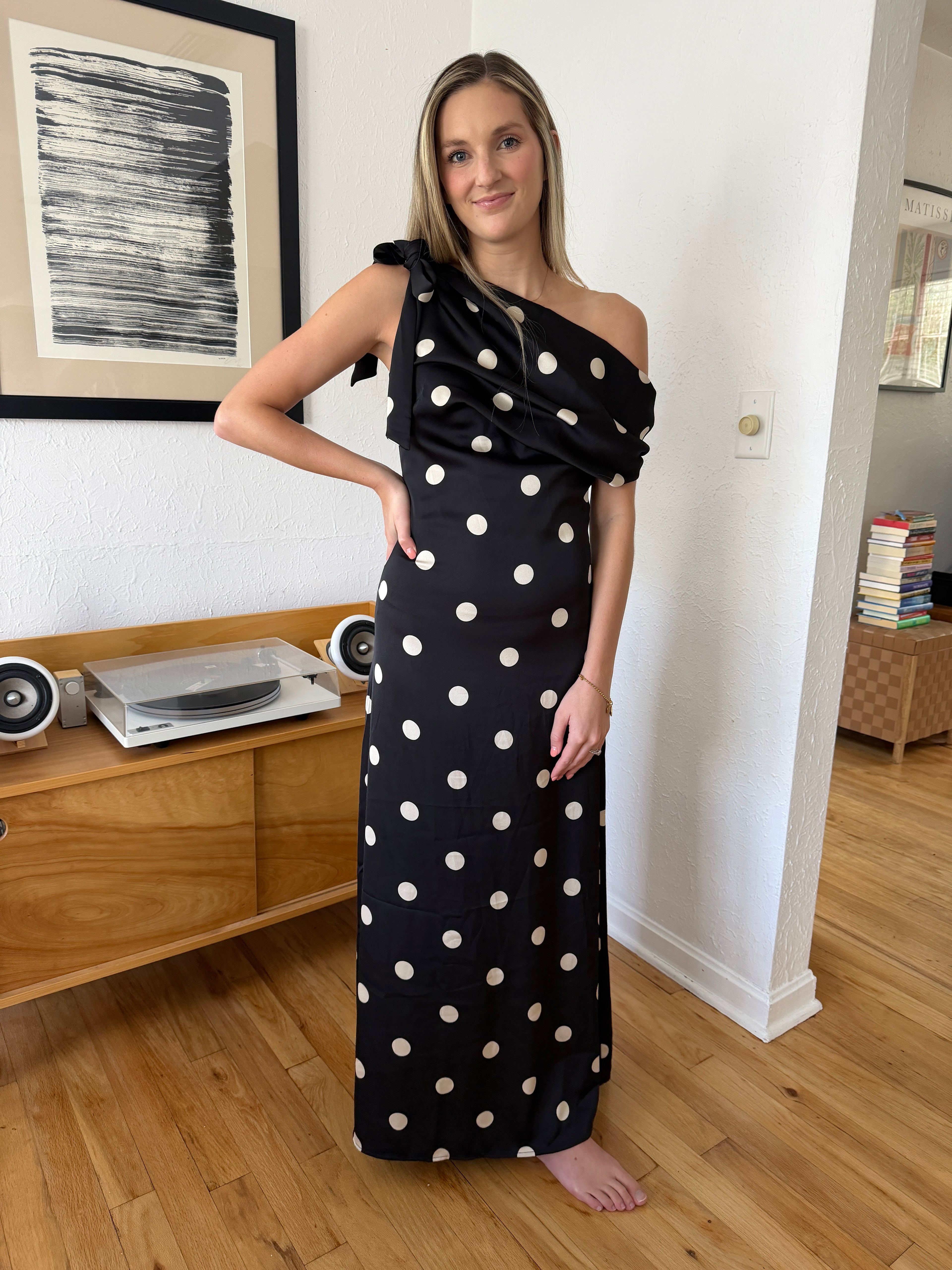 Sofie the Label Sage Black Polka Dot Cowl Neck Satin Maxi Dress