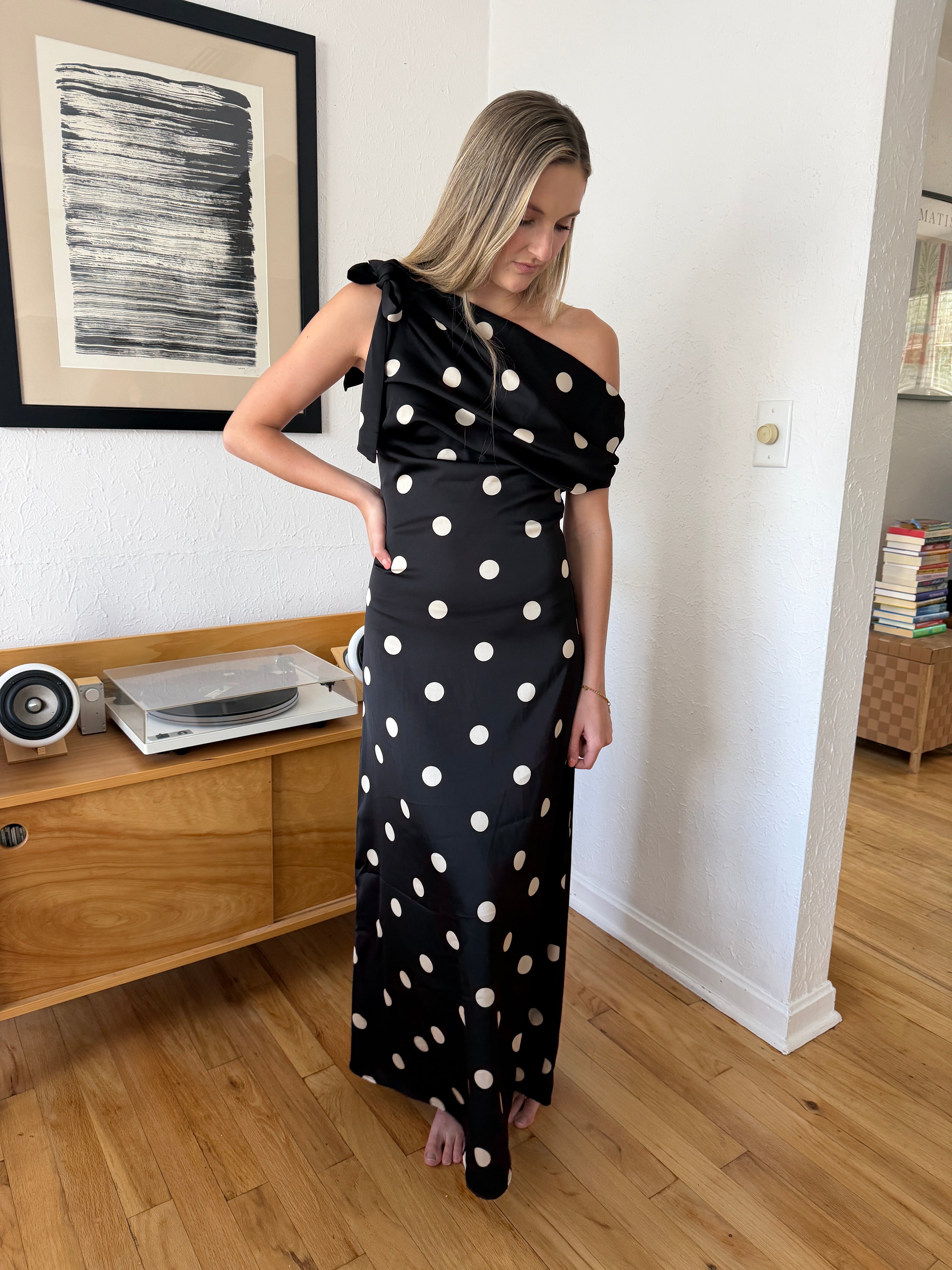 Sofie the Label Sage Black Polka Dot Cowl Neck Satin Maxi Dress
