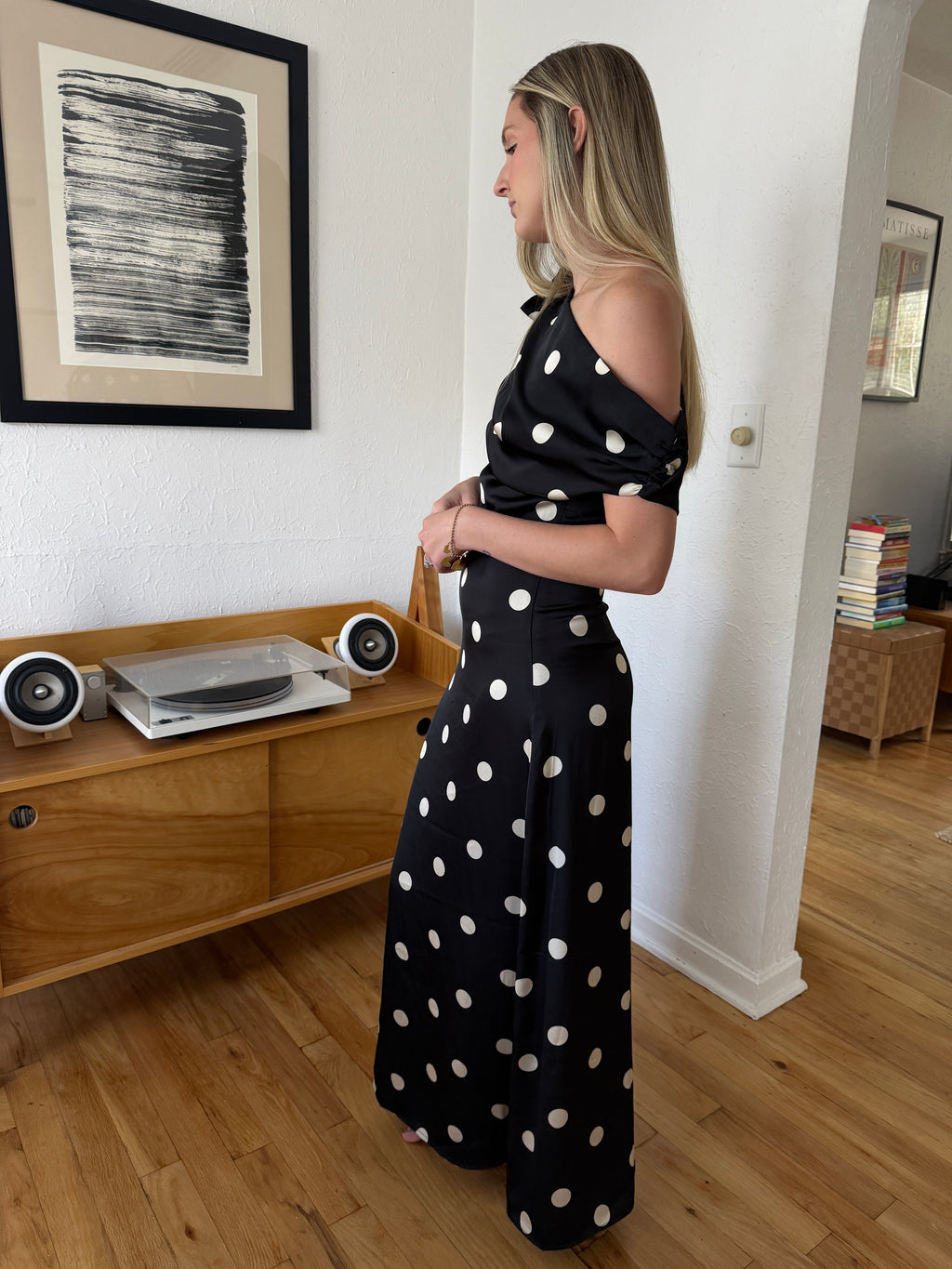 Sofie the Label Sage Black Polka Dot Cowl Neck Satin Maxi Dress