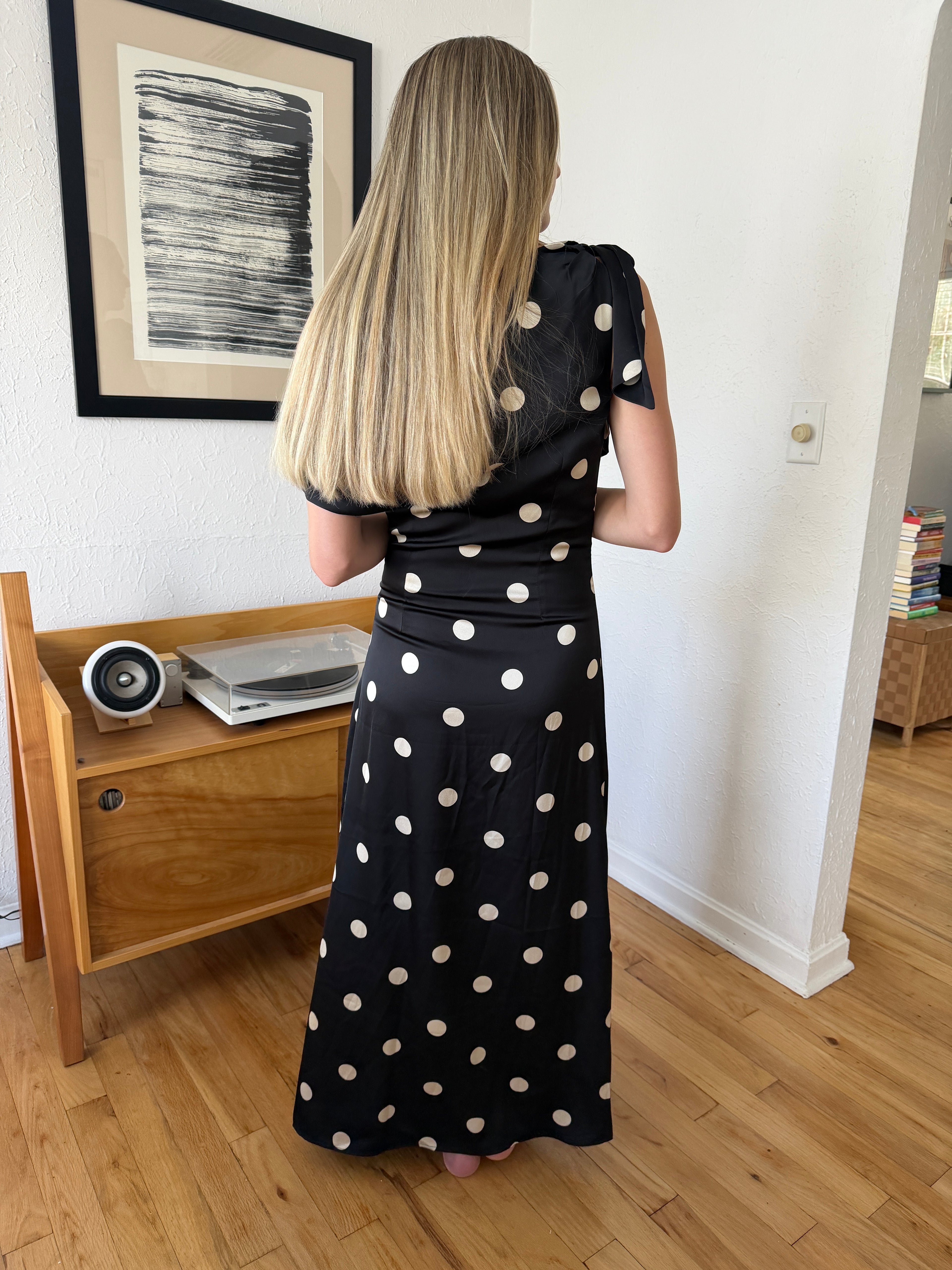 Sofie the Label Sage Black Polka Dot Cowl Neck Satin Maxi Dress