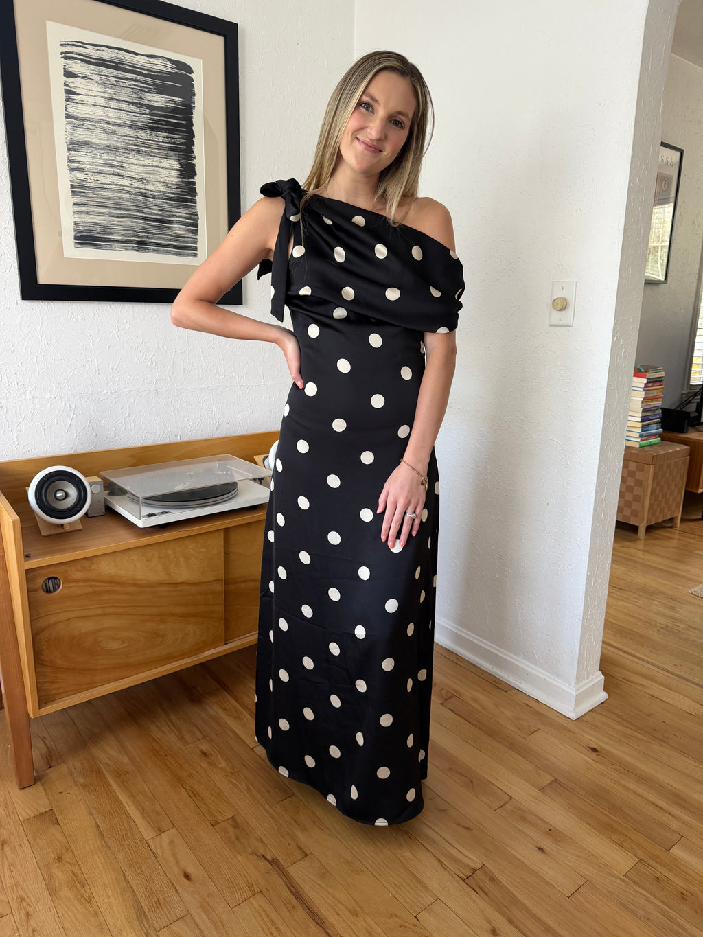 Sofie the Label Sage Black Polka Dot Cowl Neck Satin Maxi Dress