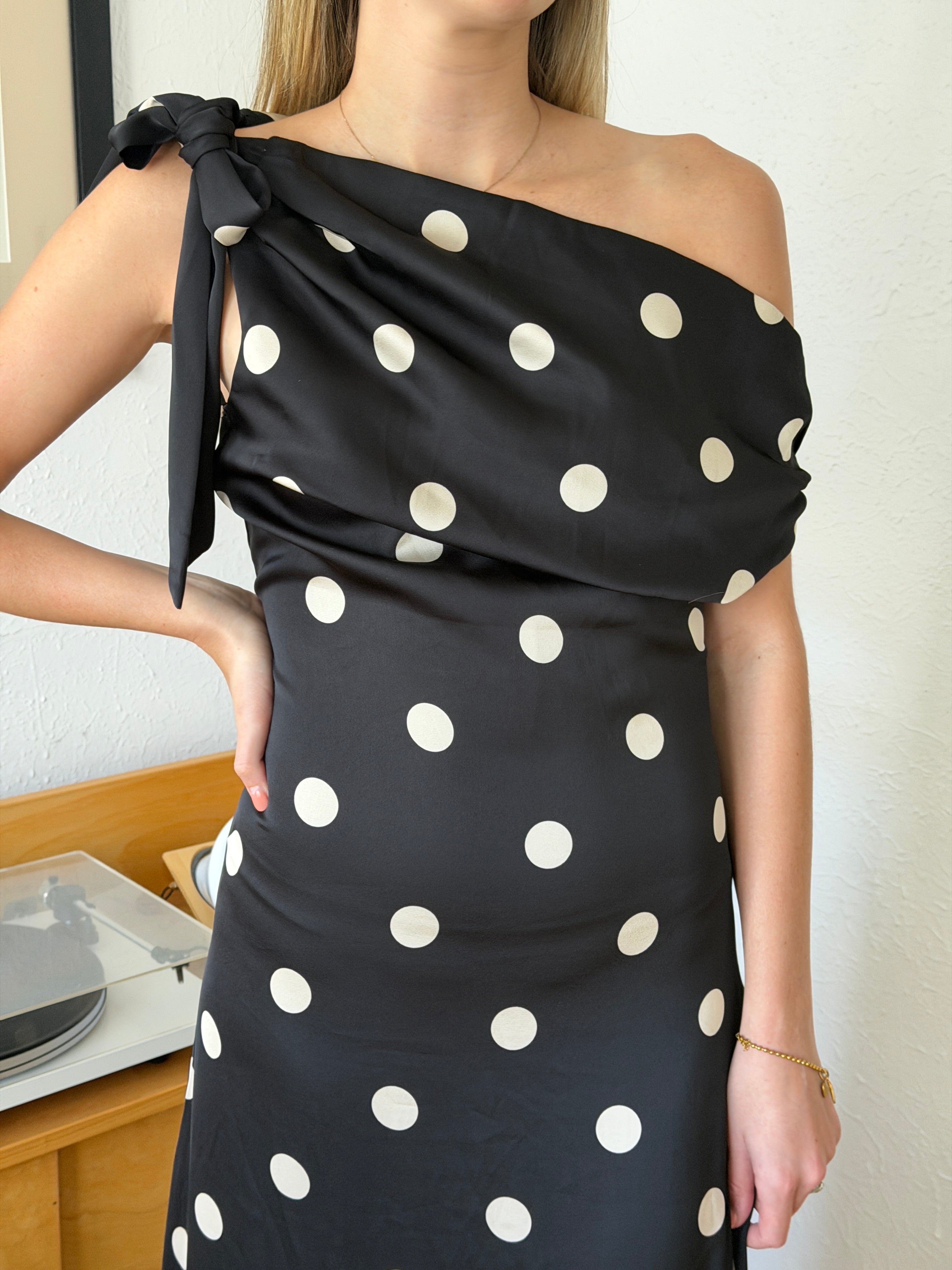 Sofie the Label Sage Black Polka Dot Cowl Neck Satin Maxi Dress