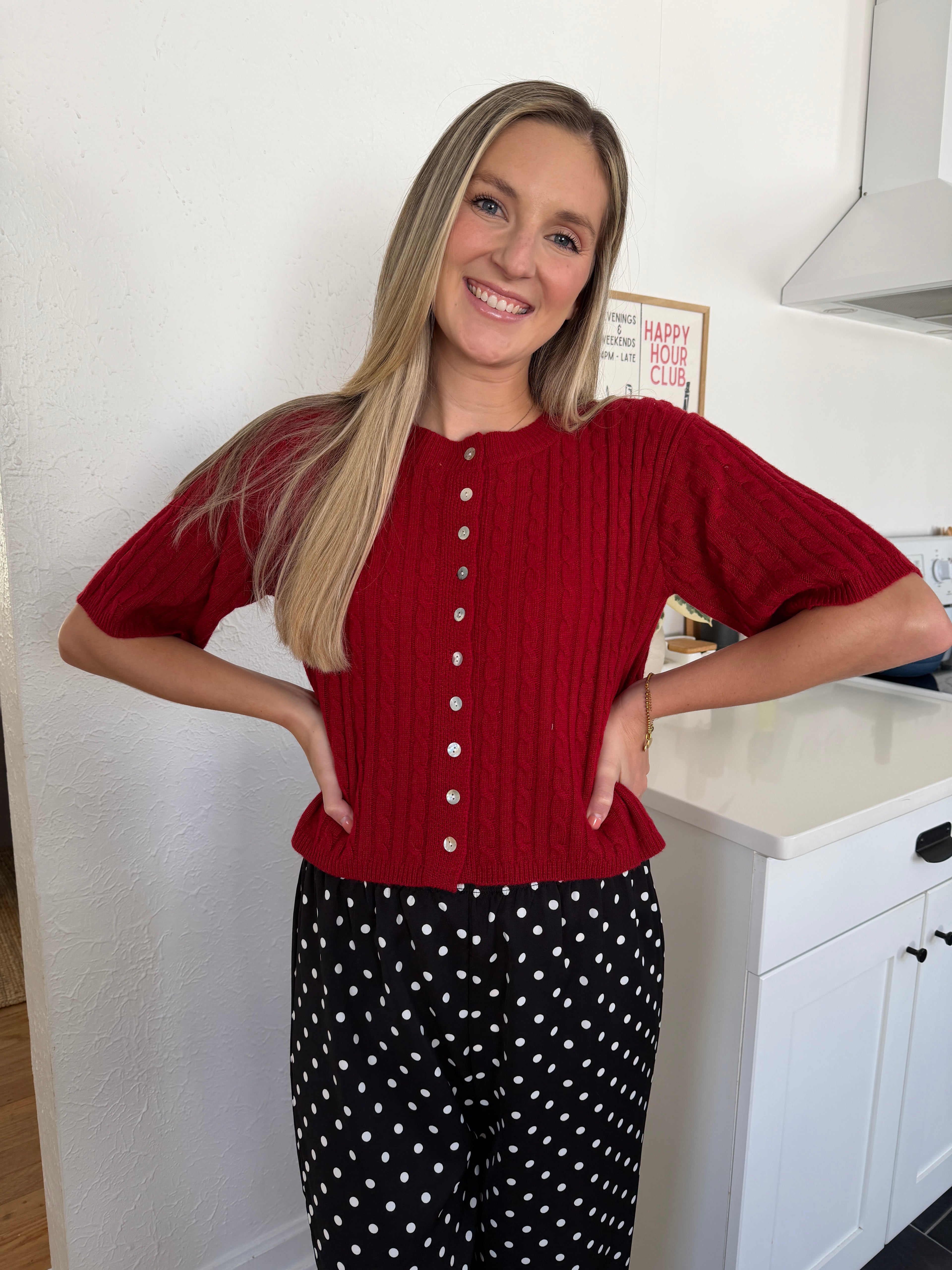 Shiloh Wool Short Sleeve Buttoned Cardigan Top (Red)