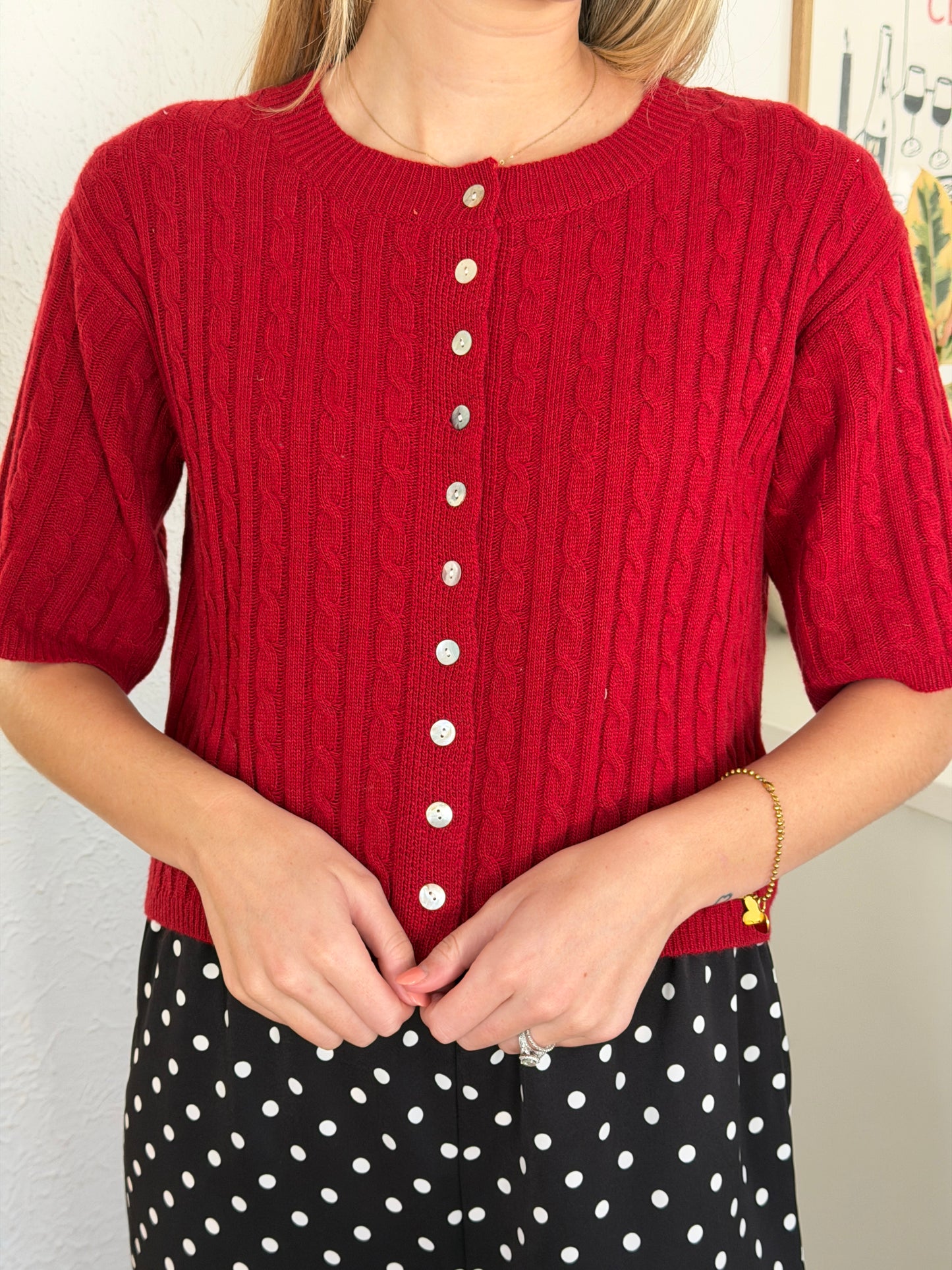 Shiloh Wool Short Sleeve Buttoned Cardigan Top (Red)