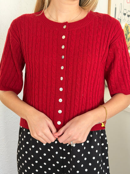 Shiloh Wool Short Sleeve Buttoned Cardigan Top (Red)