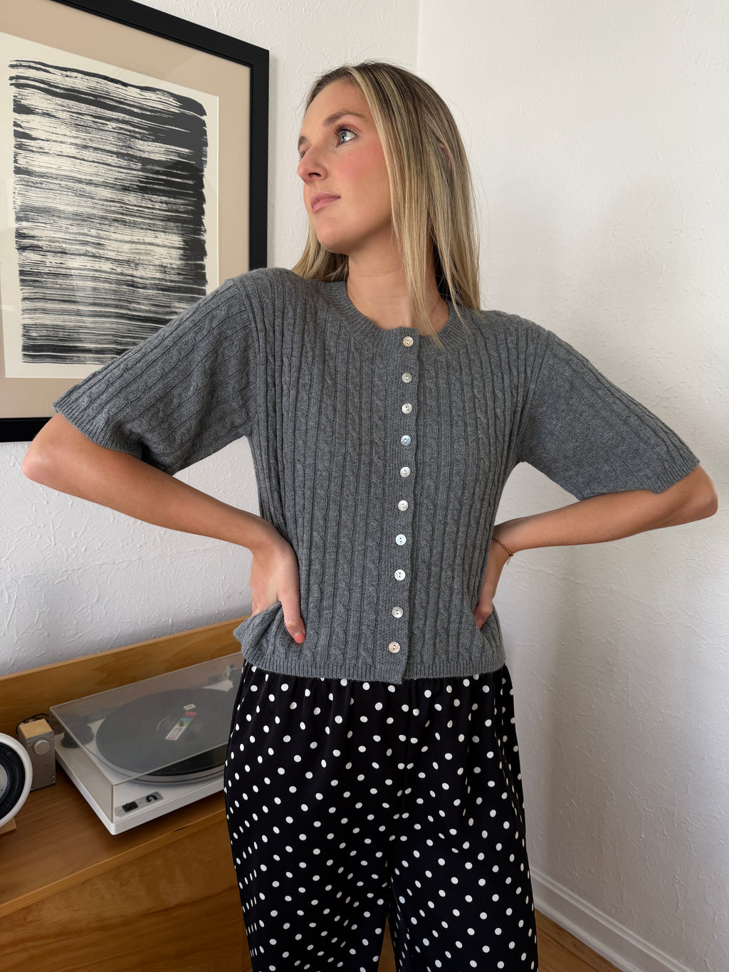 Shiloh Wool Short Sleeve Buttoned Cardigan Top (Grey)