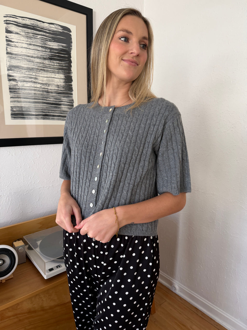 Shiloh Wool Short Sleeve Buttoned Cardigan Top (Grey)