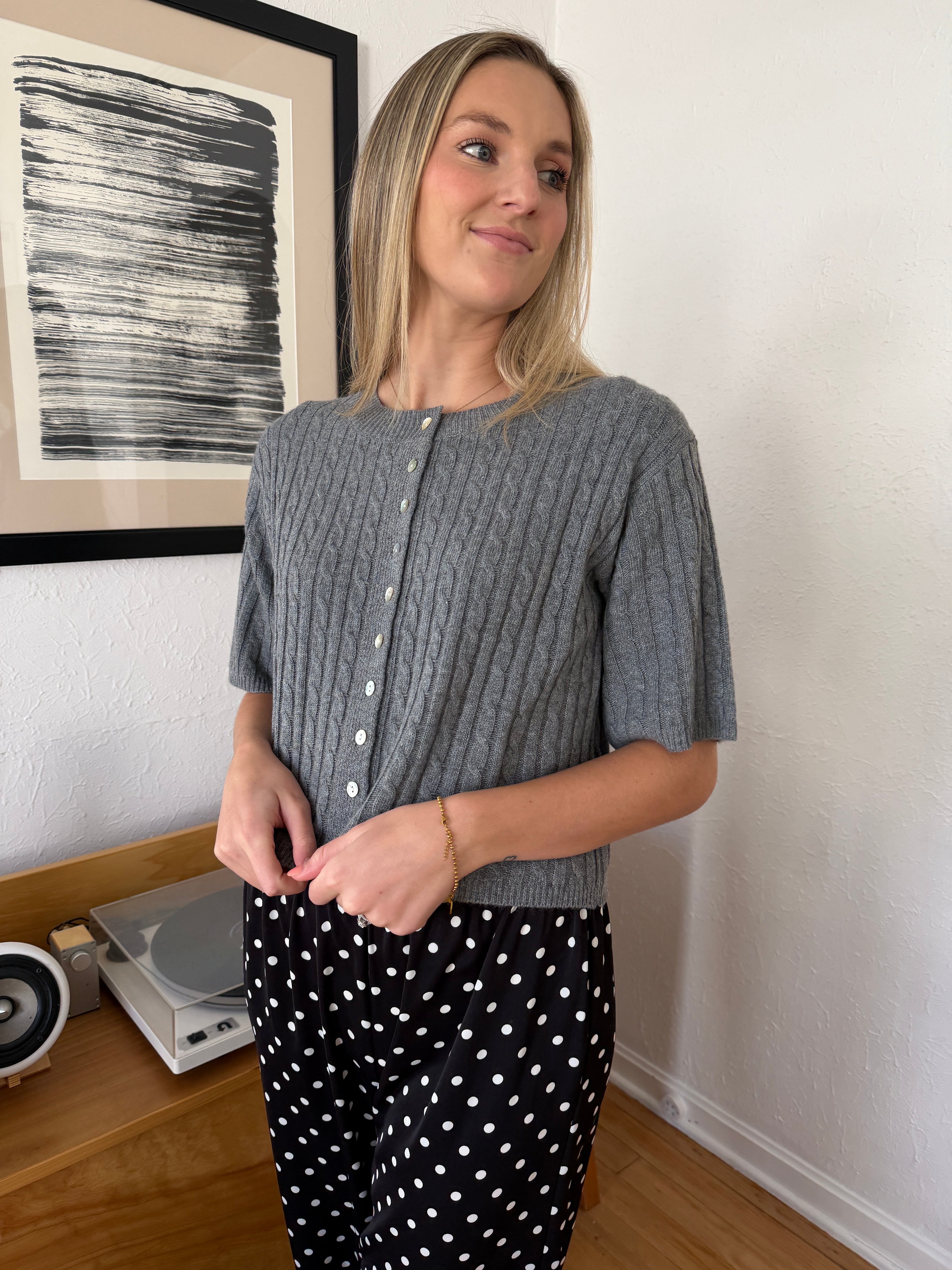 Shiloh Wool Short Sleeve Buttoned Cardigan Top (Grey)