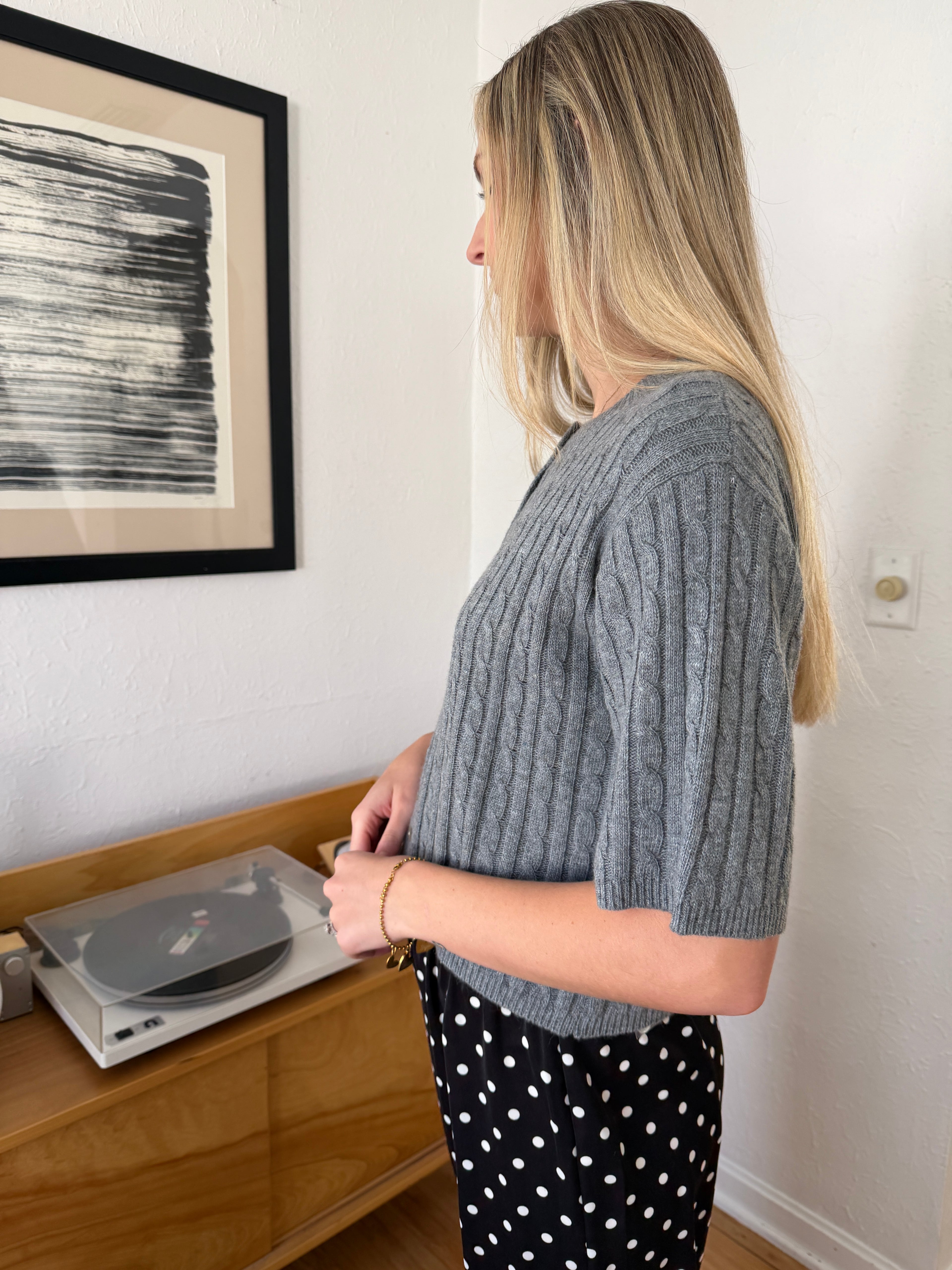 Shiloh Wool Short Sleeve Buttoned Cardigan Top (Grey)