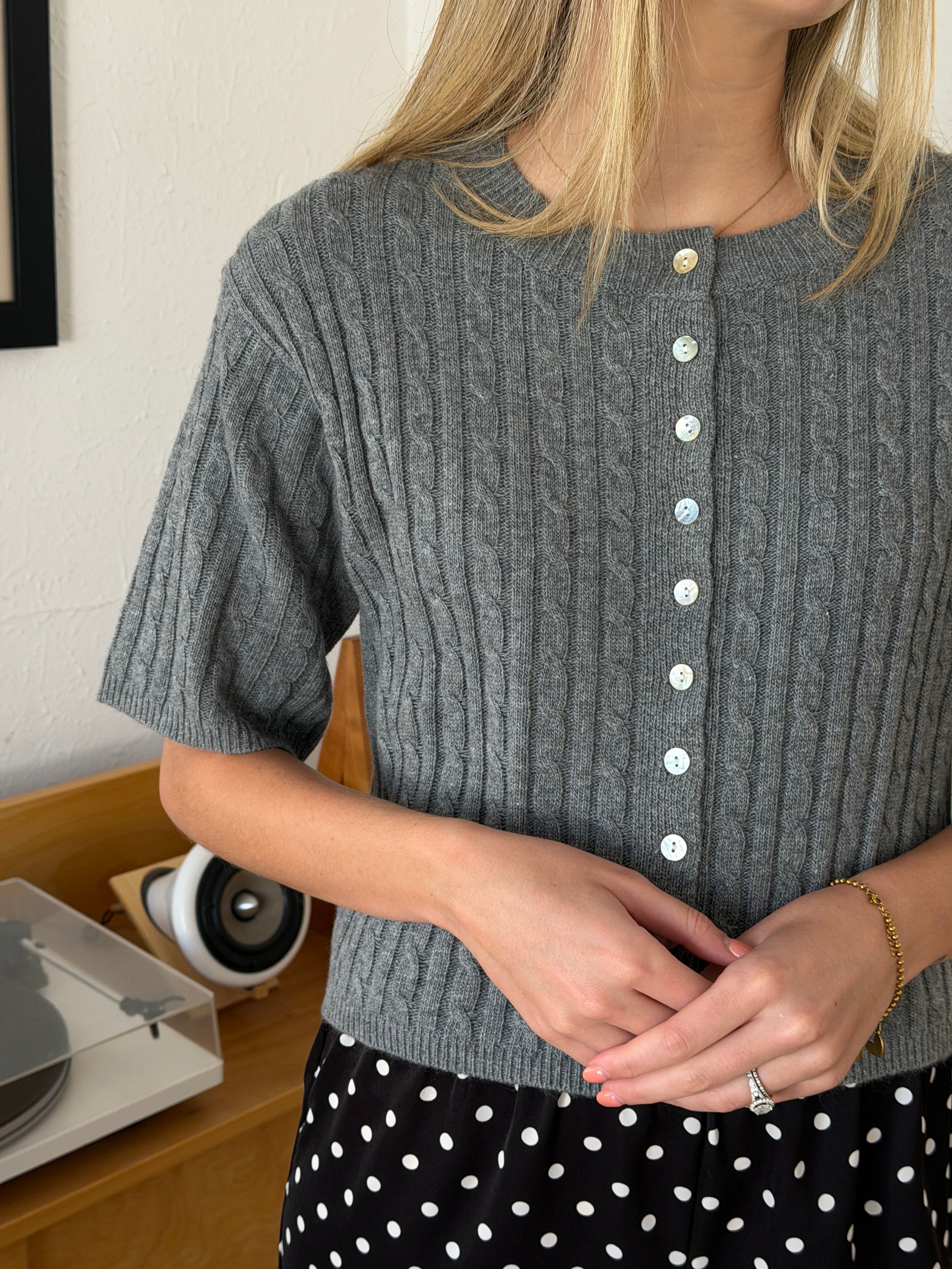 Shiloh Wool Short Sleeve Buttoned Cardigan Top (Grey)