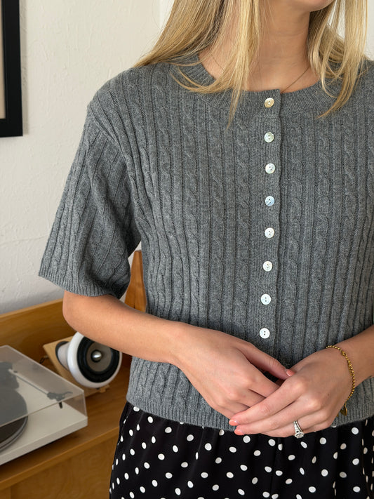 Shiloh Wool Short Sleeve Buttoned Cardigan Top (Grey)
